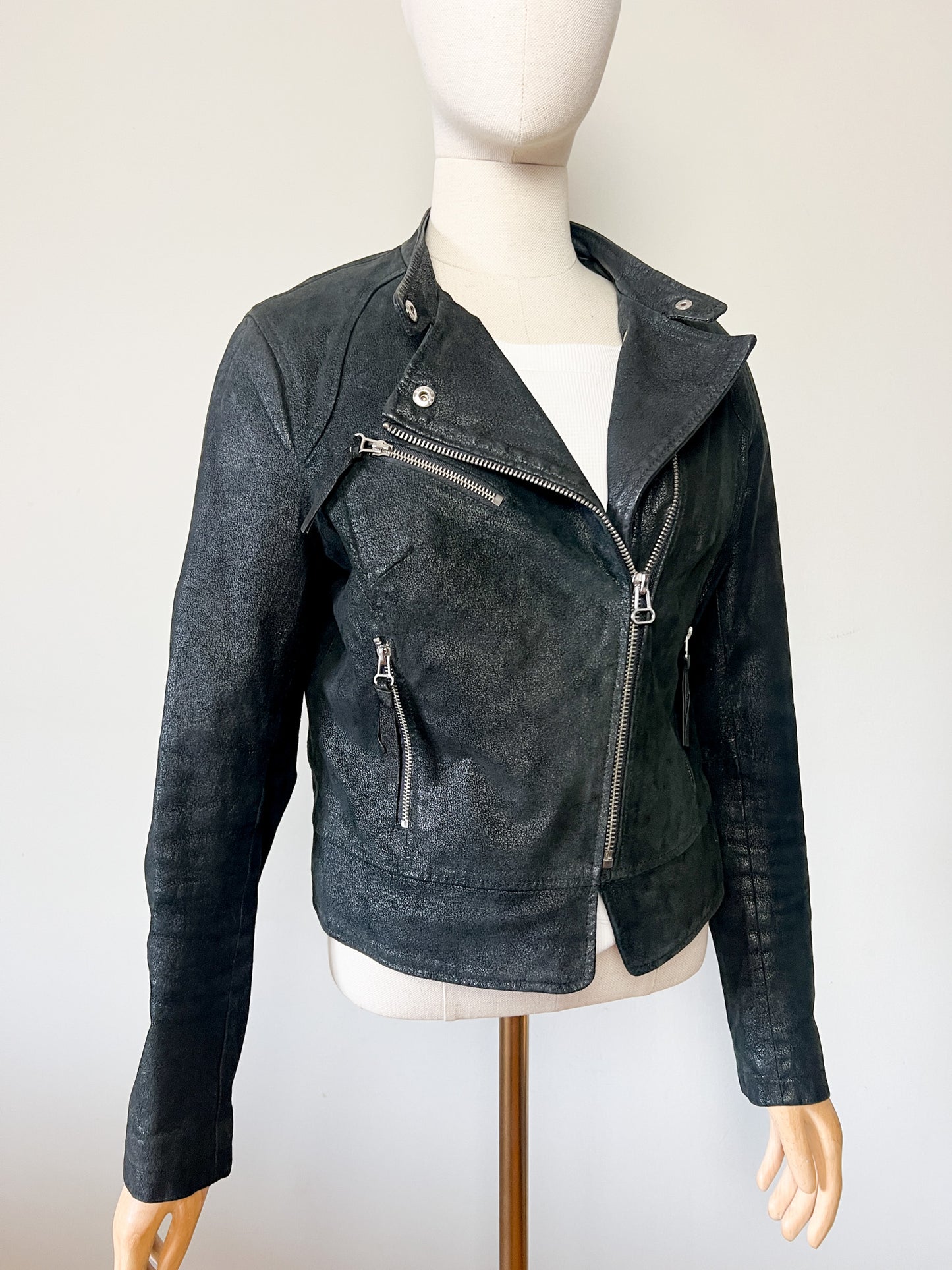 Perfecto en Cuir Véritable Noir Irisé - Coupe Cintrée & Courte - T. 40 (L)