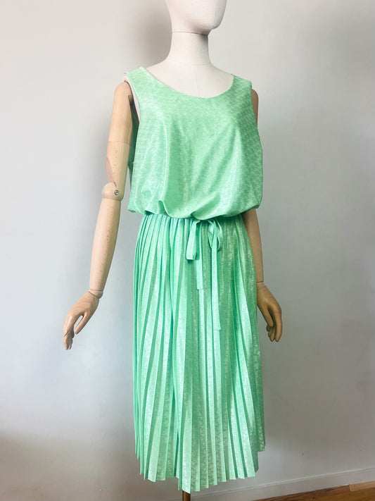 Robe Midi Vintage Années 80 Vert Menthe - Tissu Damassé Satiné - Plissé Soleil - T. 40/44