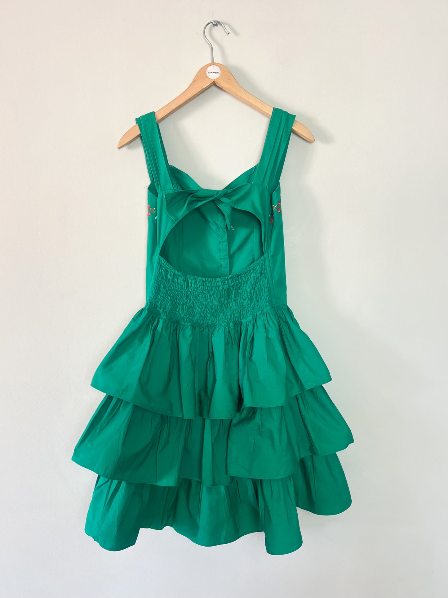 Robe Vintage Années 80 90 - Vert & Broderies Fraises - Coupe Bustier Smockée - 100% Coton - René Derhy - T. S