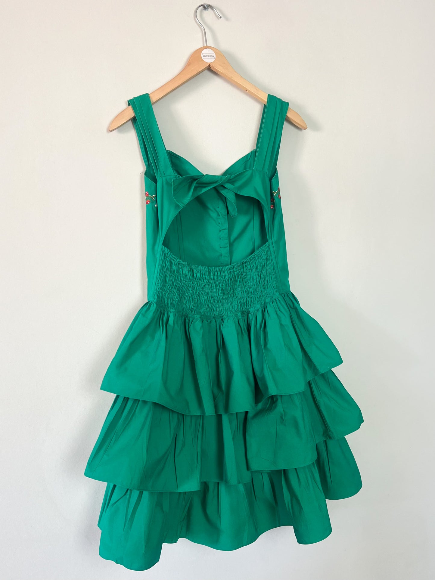 Robe Vintage Années 80 90 - Vert & Broderies Fraises - Coupe Bustier Smockée - 100% Coton - René Derhy - T. S