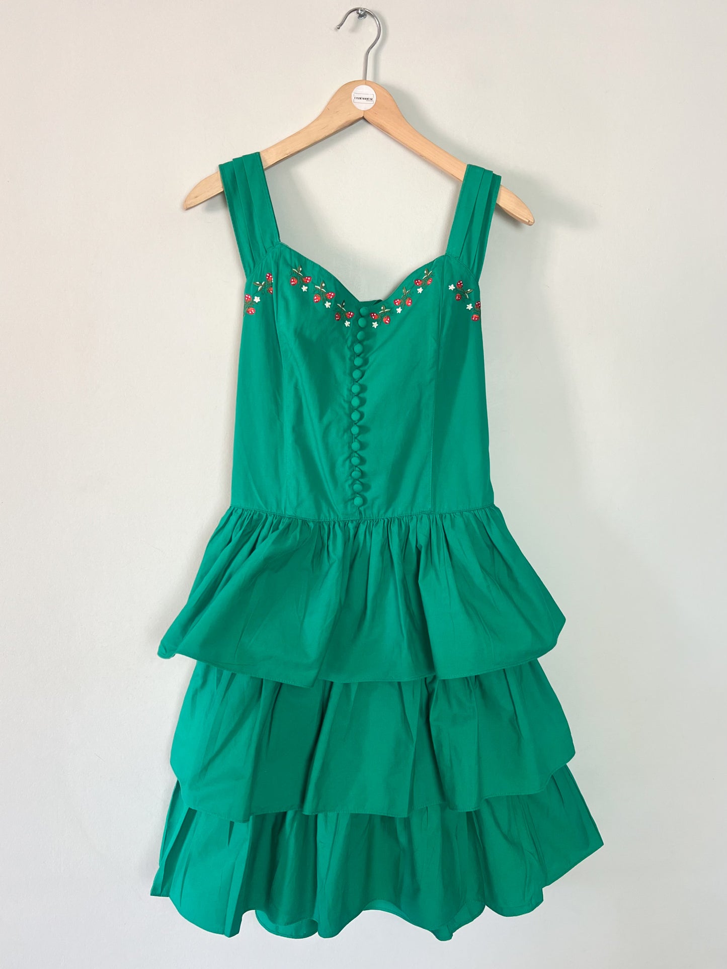 Robe Vintage Années 80 90 - Vert & Broderies Fraises - Coupe Bustier Smockée - 100% Coton - René Derhy - T. S