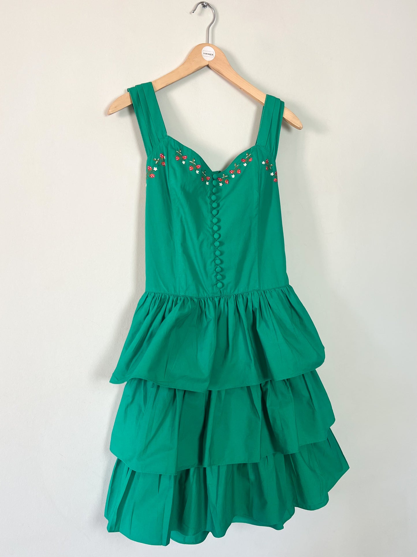 Robe Vintage Années 80 90 - Vert & Broderies Fraises - Coupe Bustier Smockée - 100% Coton - René Derhy - T. S