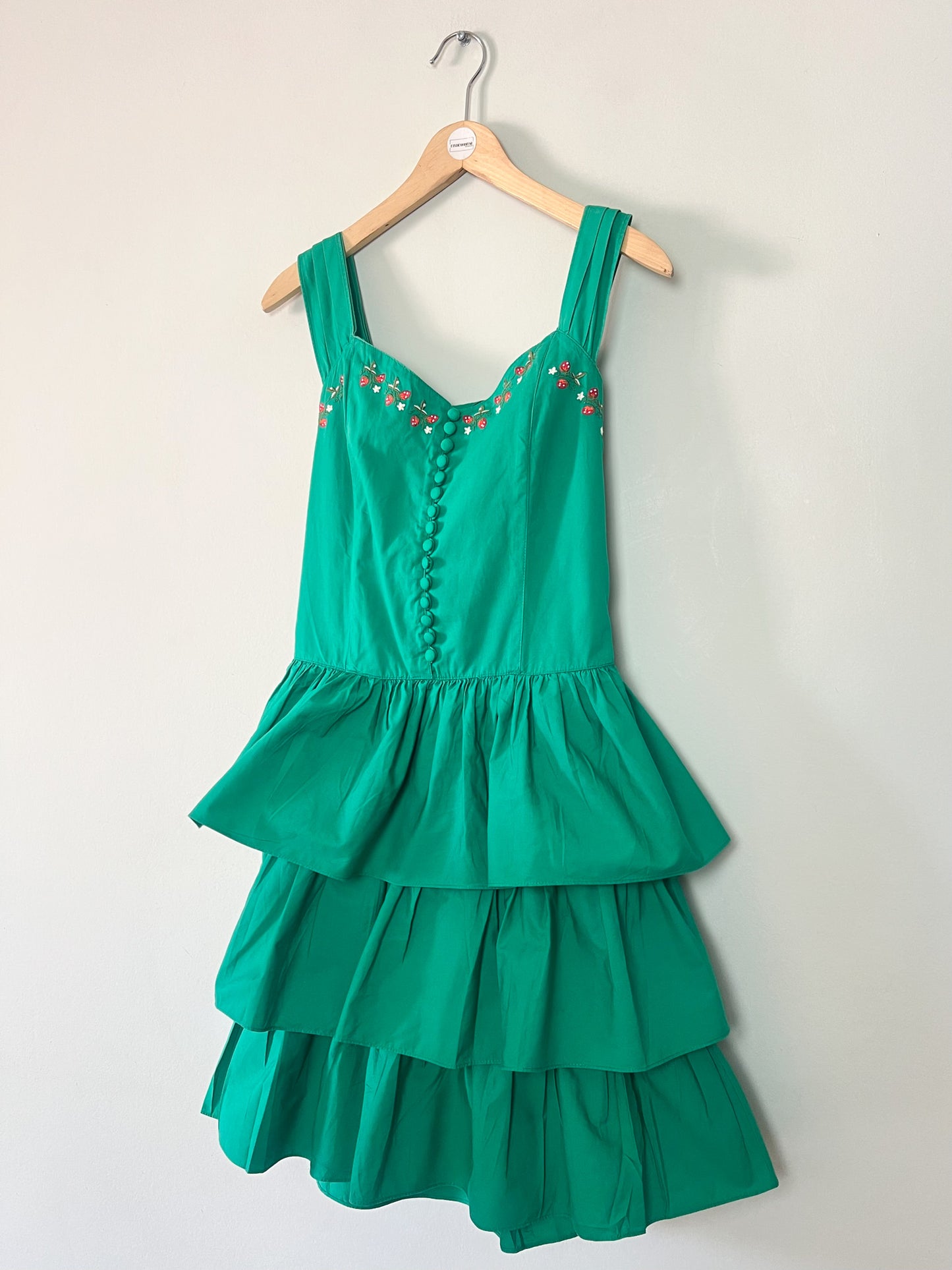 Robe Vintage Années 80 90 - Vert & Broderies Fraises - Coupe Bustier Smockée - 100% Coton - René Derhy - T. S