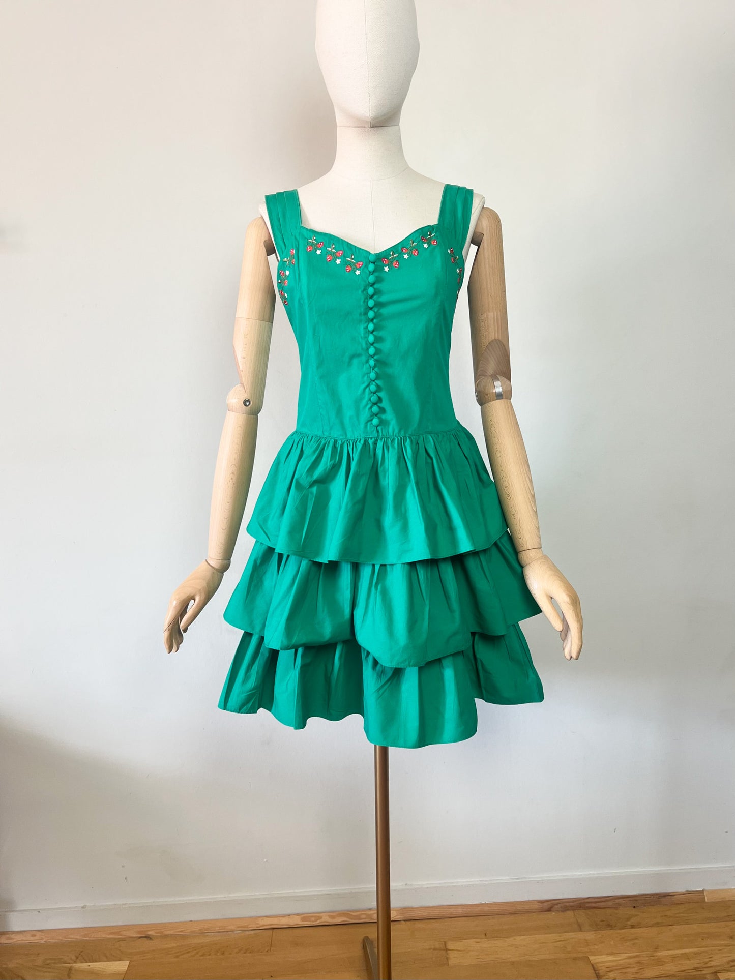 Robe Vintage Années 80 90 - Vert & Broderies Fraises - Coupe Bustier Smockée - 100% Coton - René Derhy - T. S
