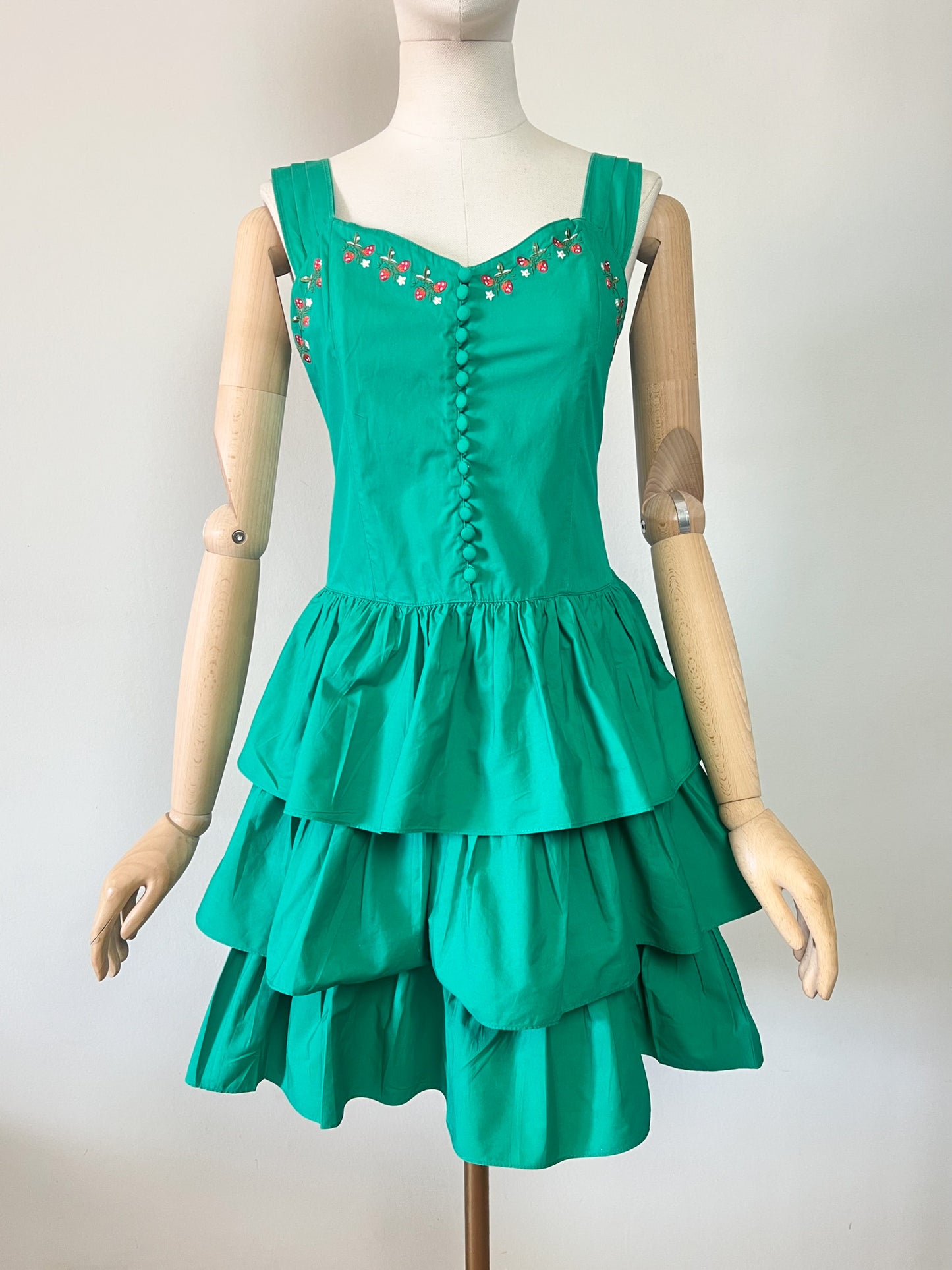 Robe Vintage Années 80 90 - Vert & Broderies Fraises - Coupe Bustier Smockée - 100% Coton - René Derhy - T. S