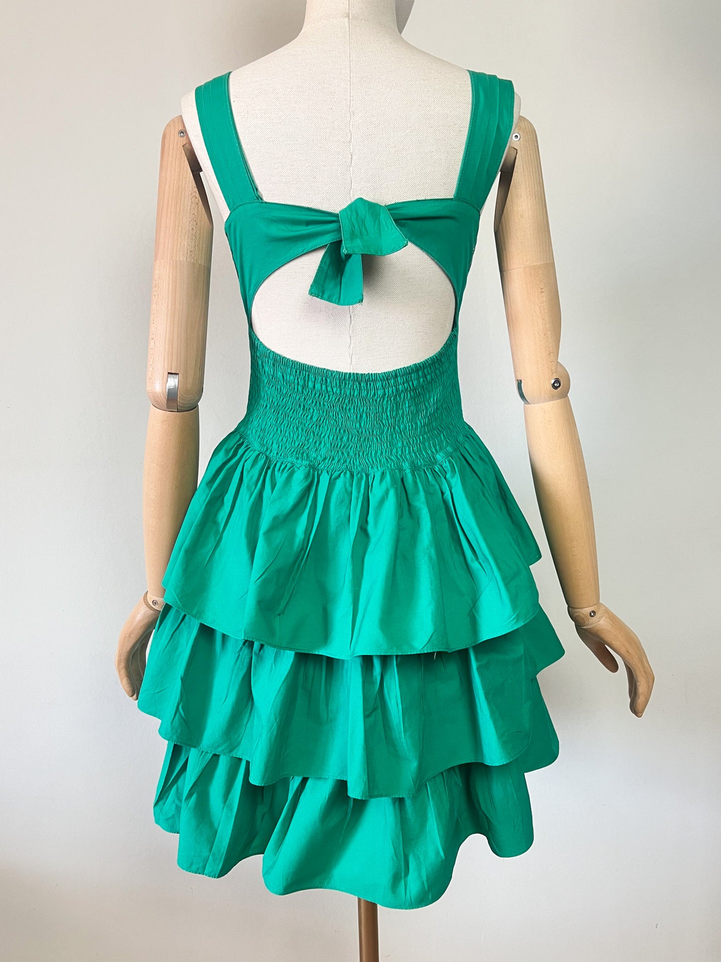 Robe Vintage Années 80 90 - Vert & Broderies Fraises - Coupe Bustier Smockée - 100% Coton - René Derhy - T. S