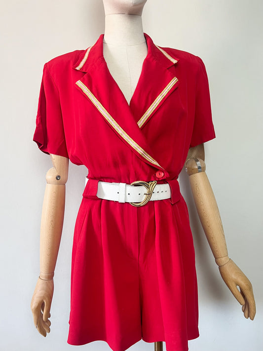 Combishort Vintage - Rouge Satiné - Détails Dorés & Roses - Couture J.S.J. - T. 36/38