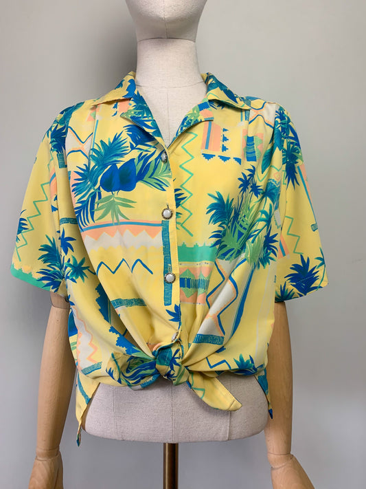 Chemise femme manches courtes jaune imprimé style hawaïen vintage