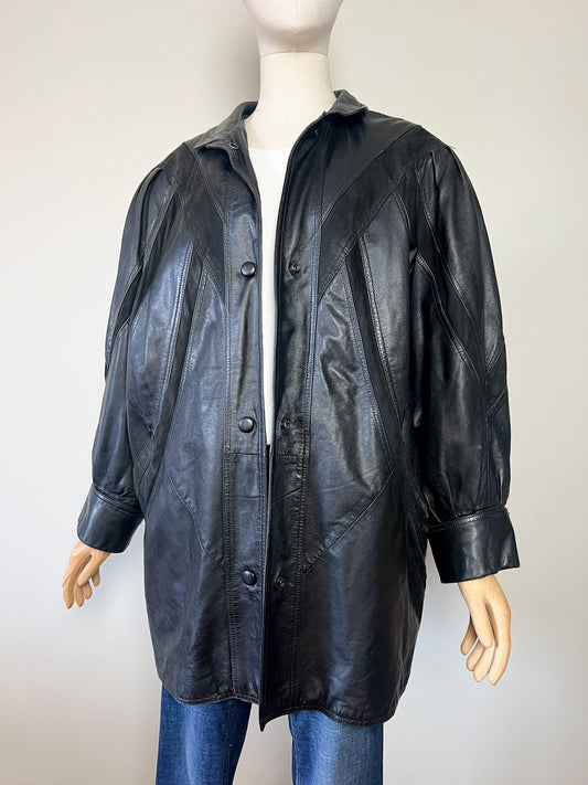Manteau Blouson Cuir Noir Vintage Années 80/90 - Coupe Oversize - Taille 42