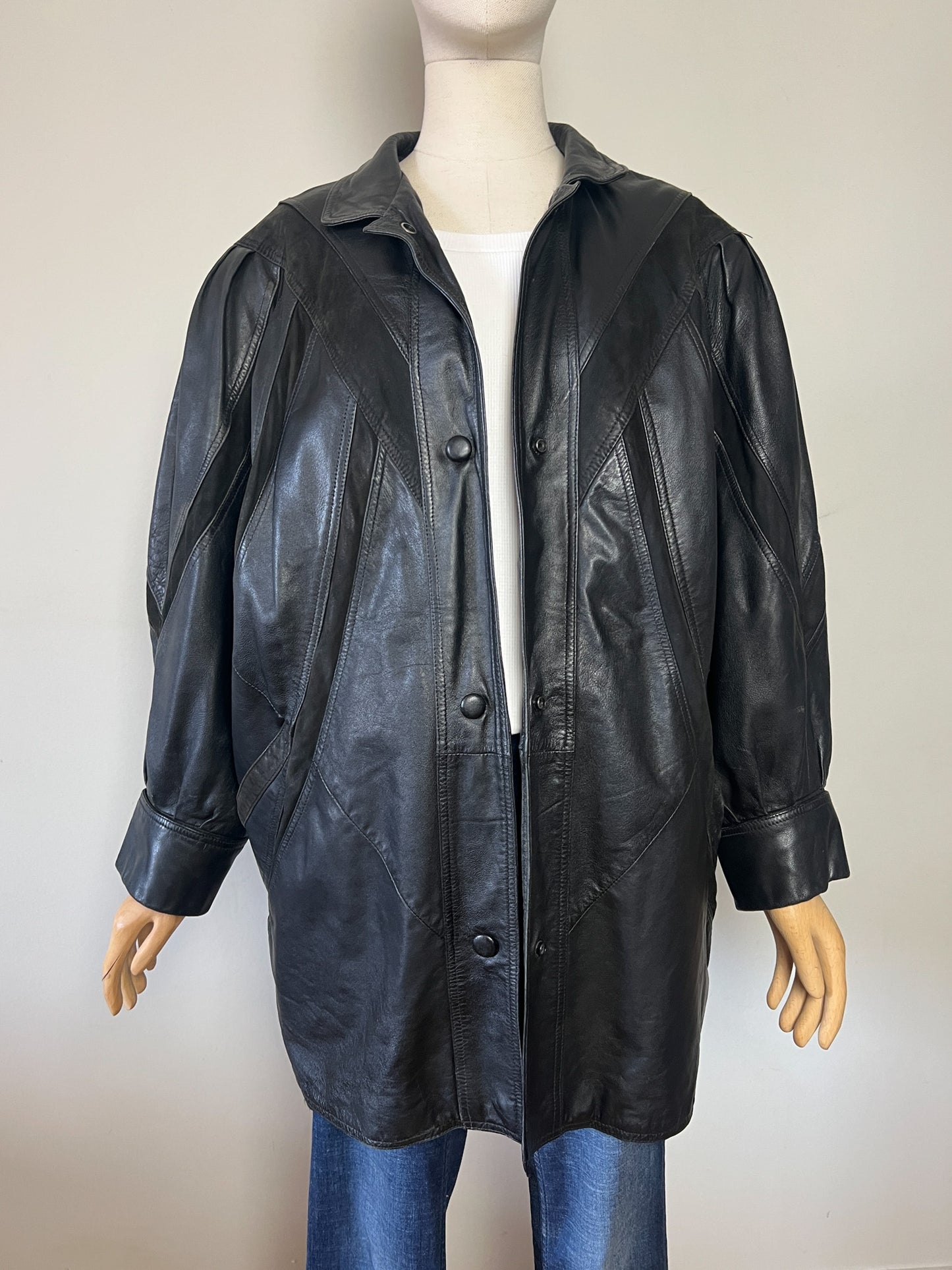 Manteau Blouson Cuir Noir Vintage Années 80/90 - Coupe Oversize - Taille 42