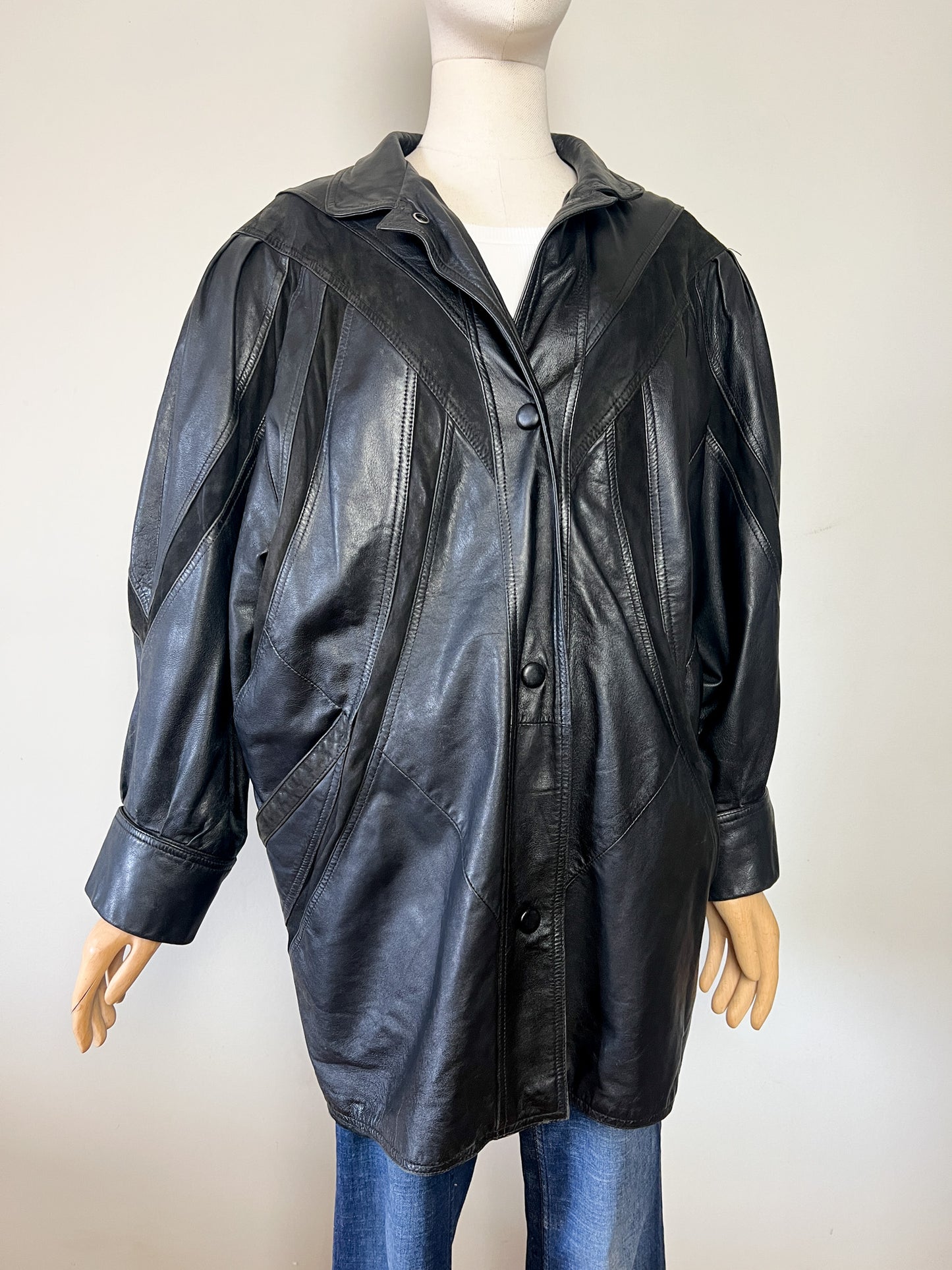 Manteau Blouson Cuir Noir Vintage Années 80/90 - Coupe Oversize - Taille 42