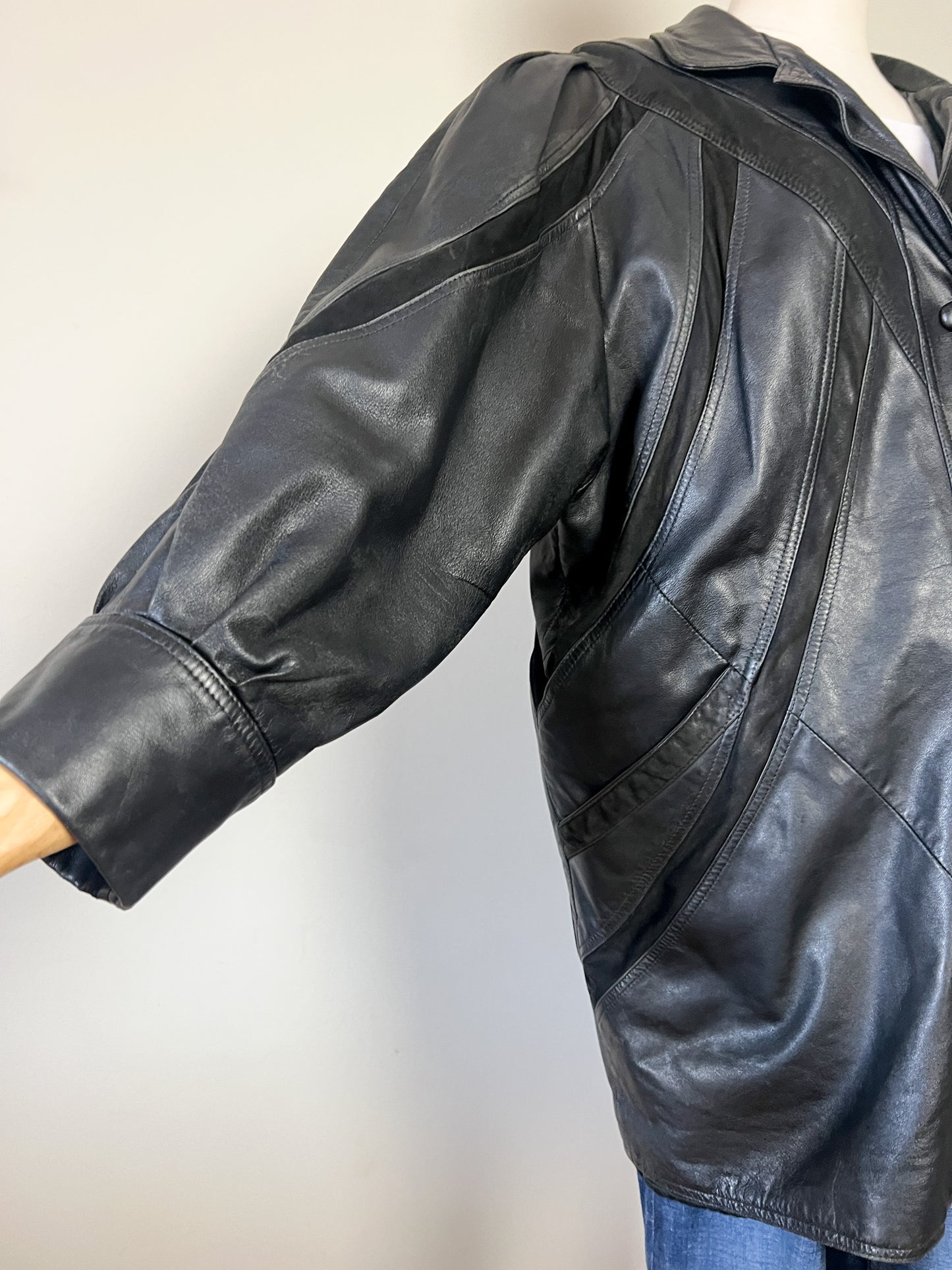 Manteau Blouson Cuir Noir Vintage Années 80/90 - Coupe Oversize - Taille 42