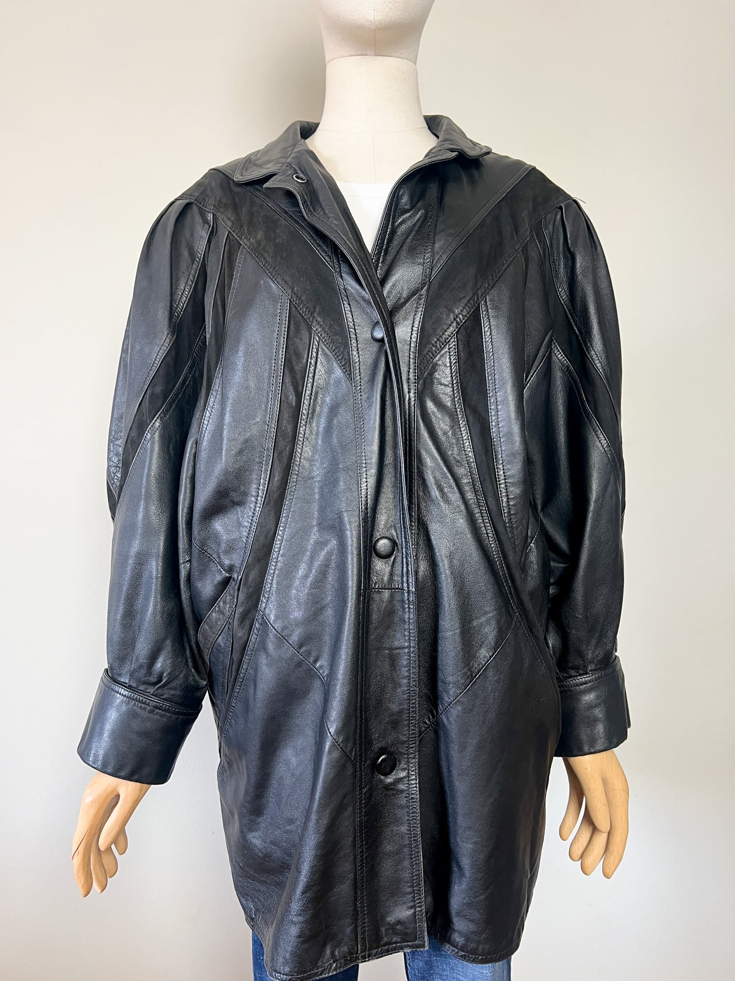 Manteau Blouson Cuir Noir Vintage Années 80/90 - Coupe Oversize - Taille 42