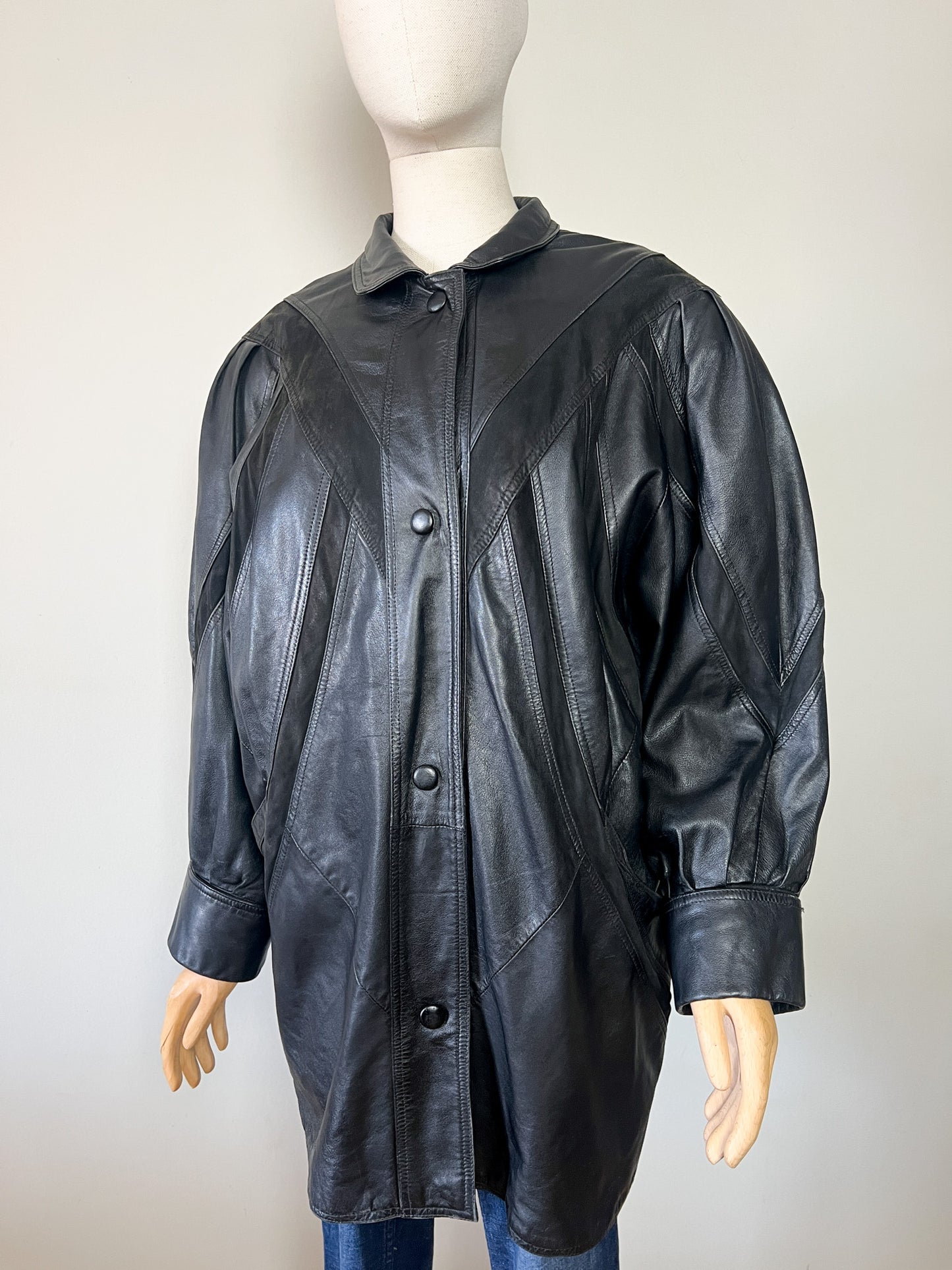 Manteau Blouson Cuir Noir Vintage Années 80/90 - Coupe Oversize - Taille 42