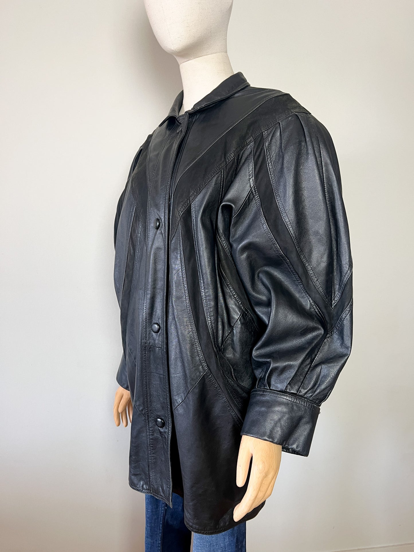 Manteau Blouson Cuir Noir Vintage Années 80/90 - Coupe Oversize - Taille 42