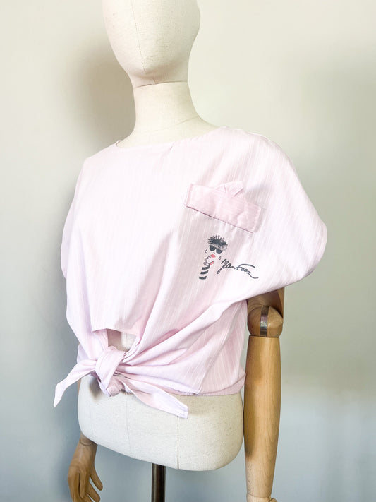 Blouse Cropped Vintage Années 80 Rose à Rayures– Nœud Devant – Jean Feez – T36 à 40