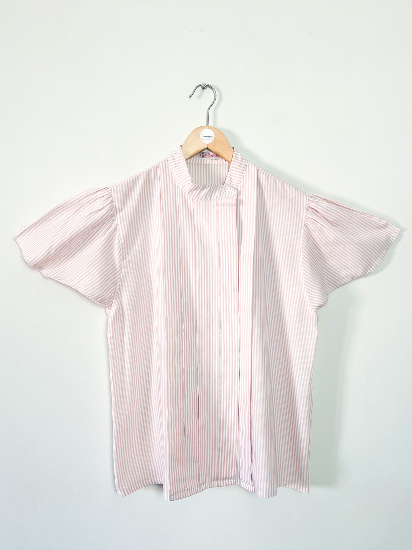 Chemise Manches courtes Vintage Années 80 Rayures Rose & Blanche – Col Montant – Betty Barclay – Taille 38/40