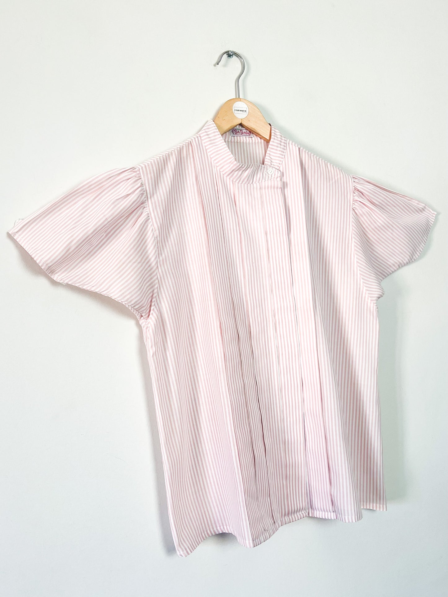 Chemise Manches courtes Vintage Années 80 Rayures Rose & Blanche – Col Montant – Betty Barclay – Taille 38/40