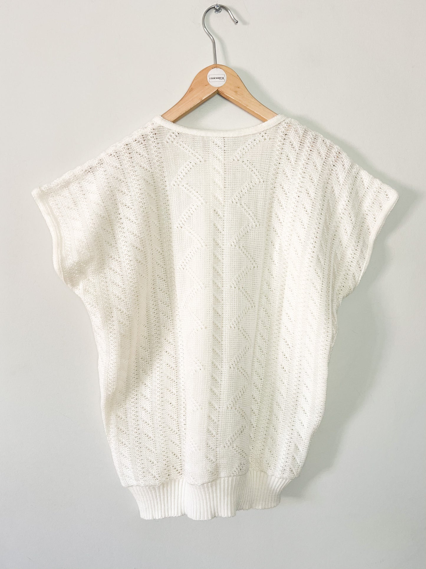 Top Maille Manches Courtes Vintage Années 80 – Blanc Crème –Coupe Boxy – Made in France – Taille 40/42