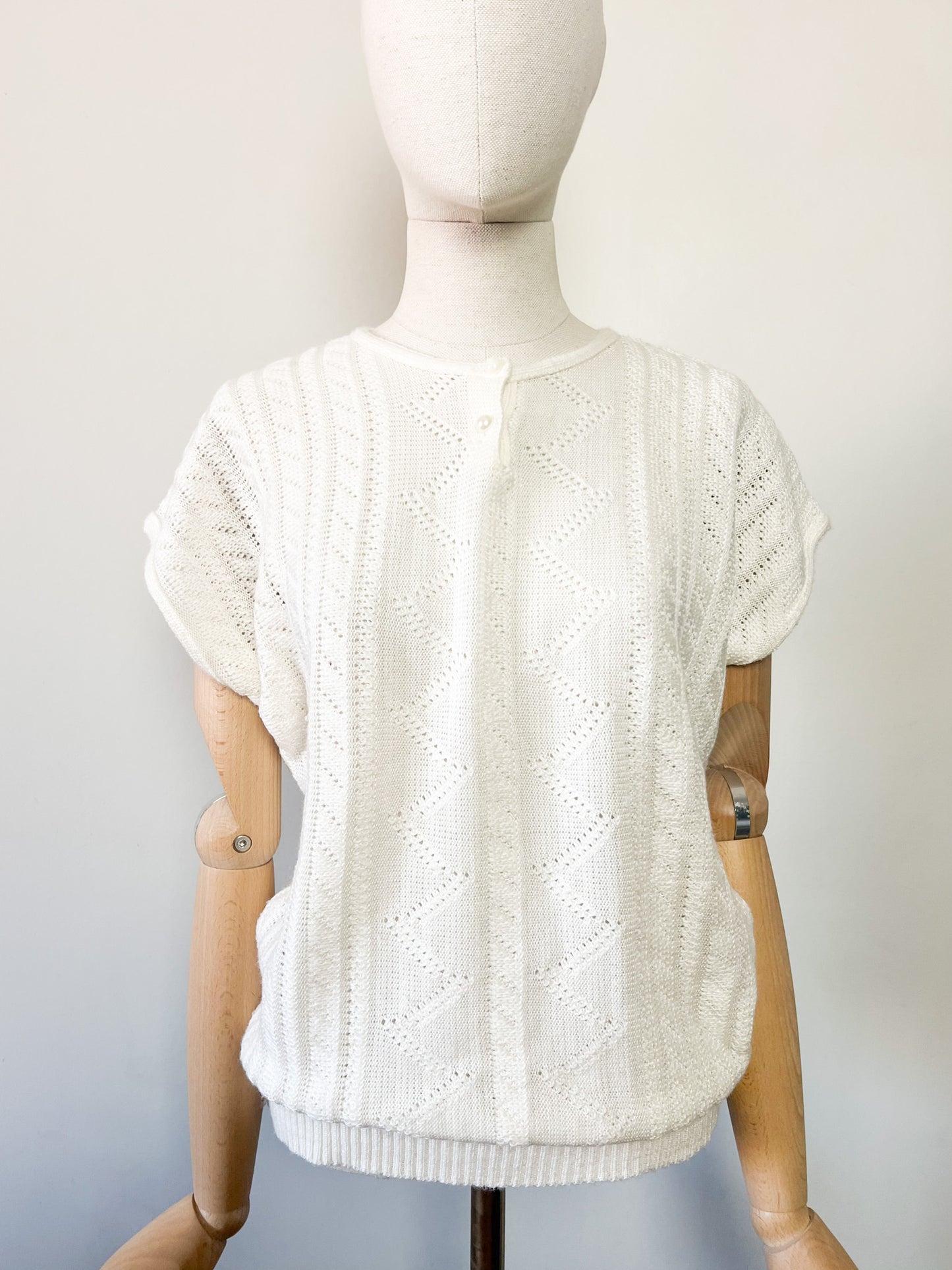 Top Maille Manches Courtes Vintage Années 80 – Blanc Crème –Coupe Boxy – Made in France – Taille 40/42