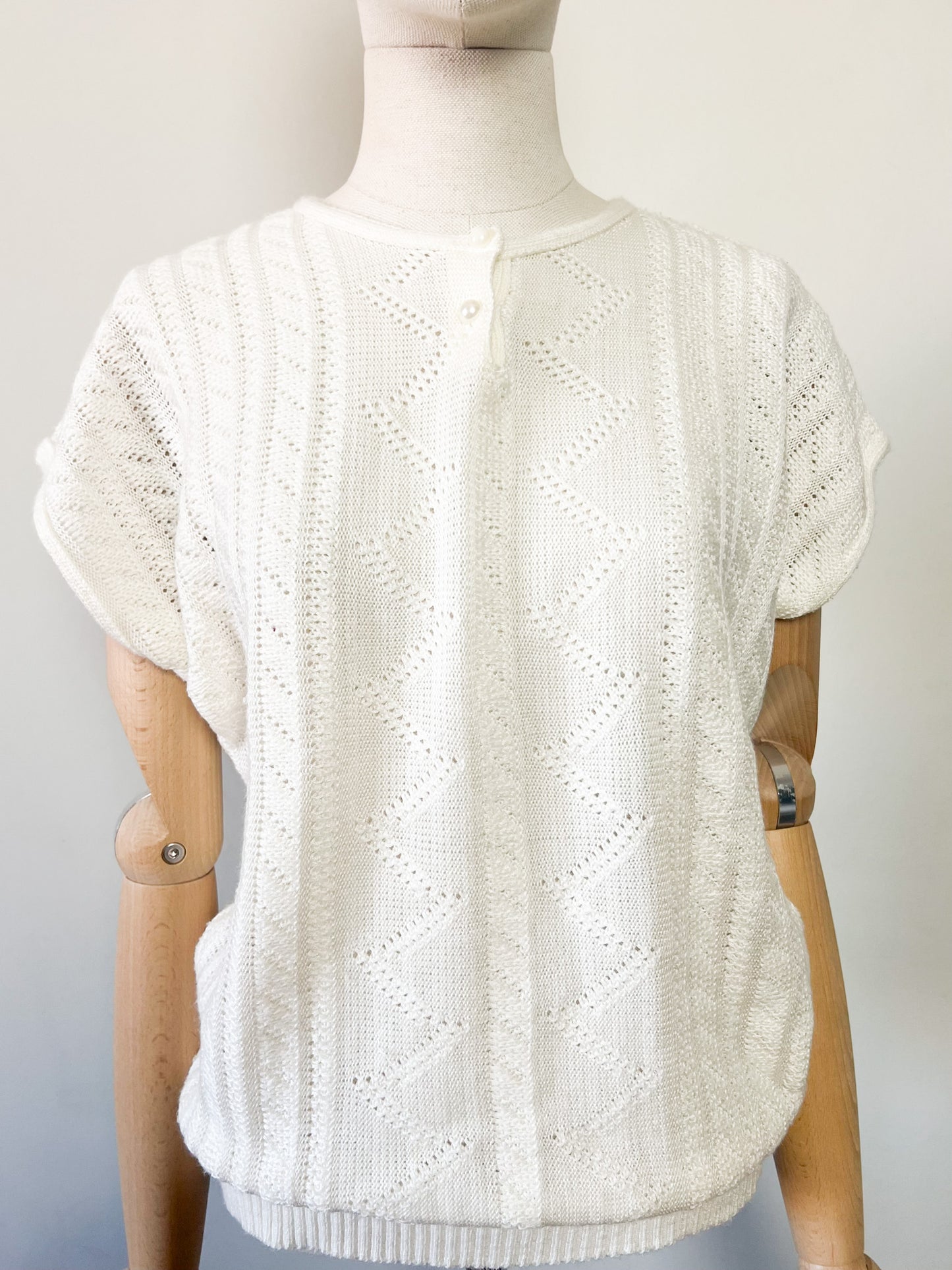 Top Maille Manches Courtes Vintage Années 80 – Blanc Crème –Coupe Boxy – Made in France – Taille 40/42
