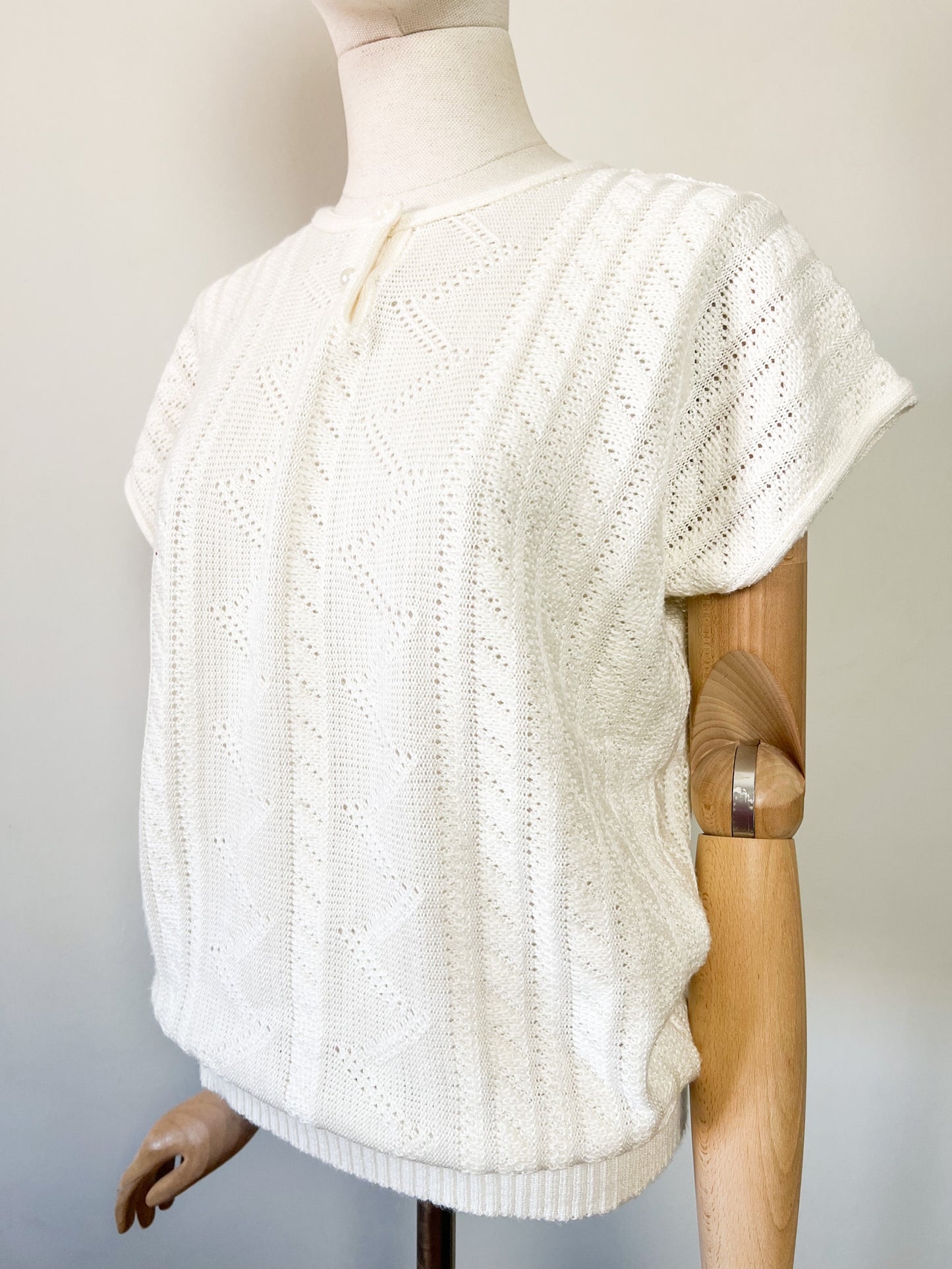 Top Maille Manches Courtes Vintage Années 80 – Blanc Crème –Coupe Boxy – Made in France – Taille 40/42
