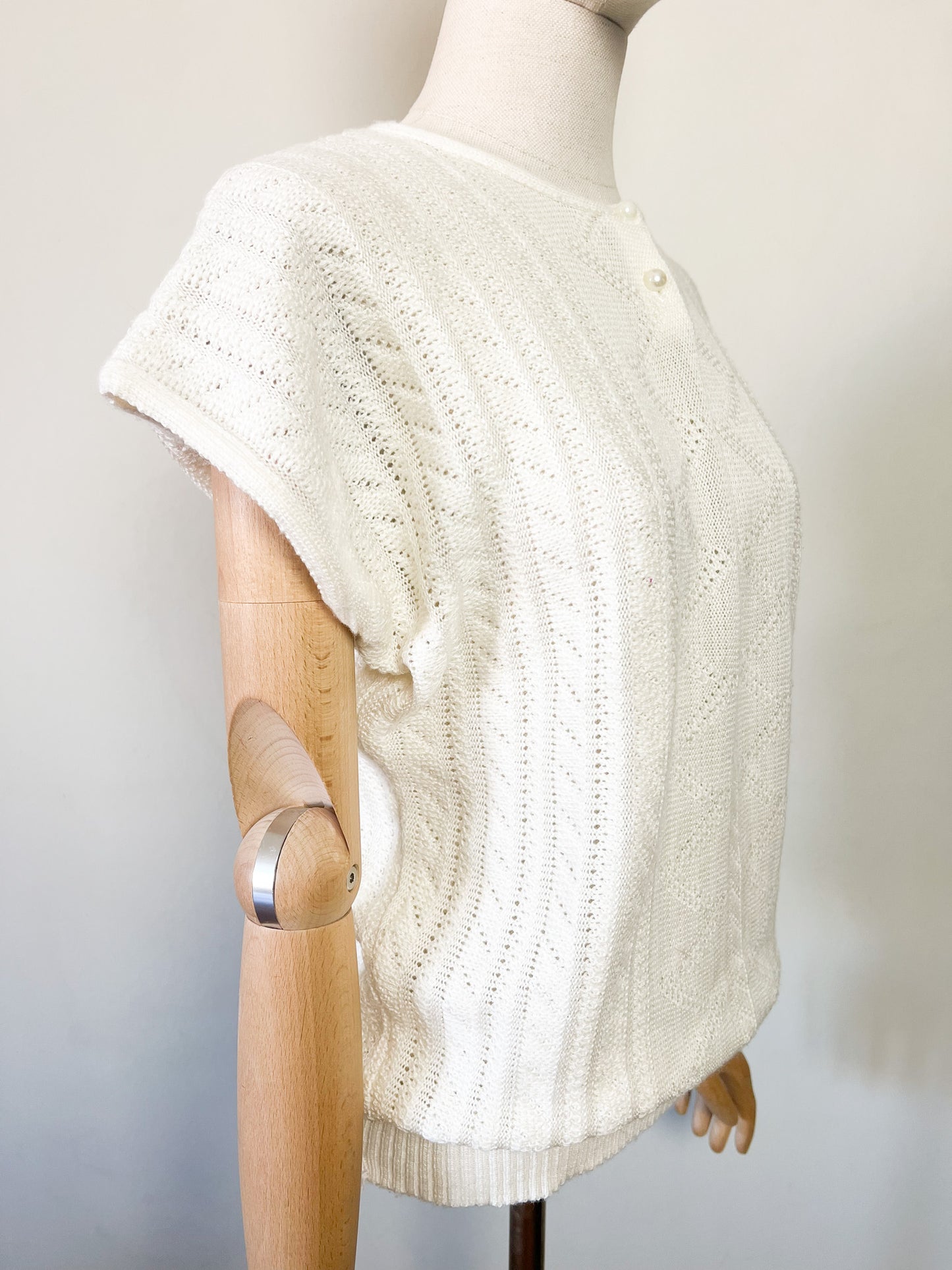 Top Maille Manches Courtes Vintage Années 80 – Blanc Crème –Coupe Boxy – Made in France – Taille 40/42