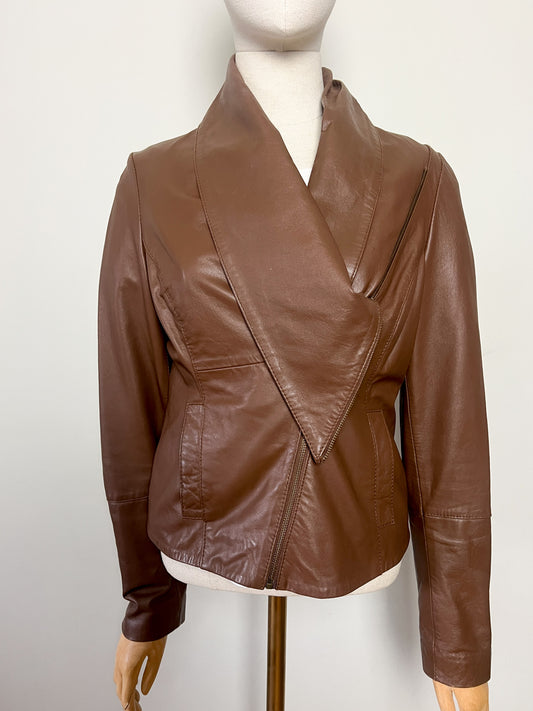 Veste Cuir d'Agneau Vintage Marron - Coupe Cintrée Asymétrique - T. 38