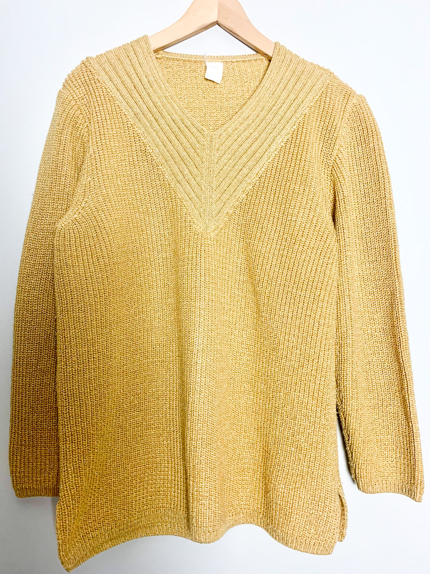Pull Vintage années 80 90Jaune Moutarde & Doré Lurex - Col V - Coupe Ample T 36/38 (S/M)