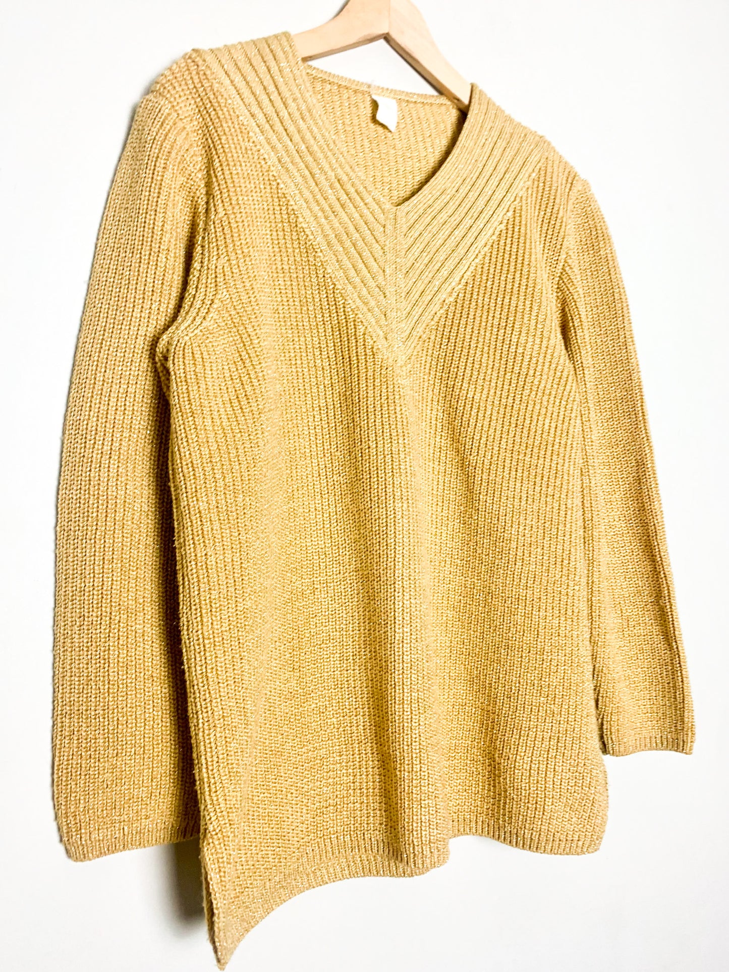 Pull Vintage années 80 90Jaune Moutarde & Doré Lurex - Col V - Coupe Ample T 36/38 (S/M)