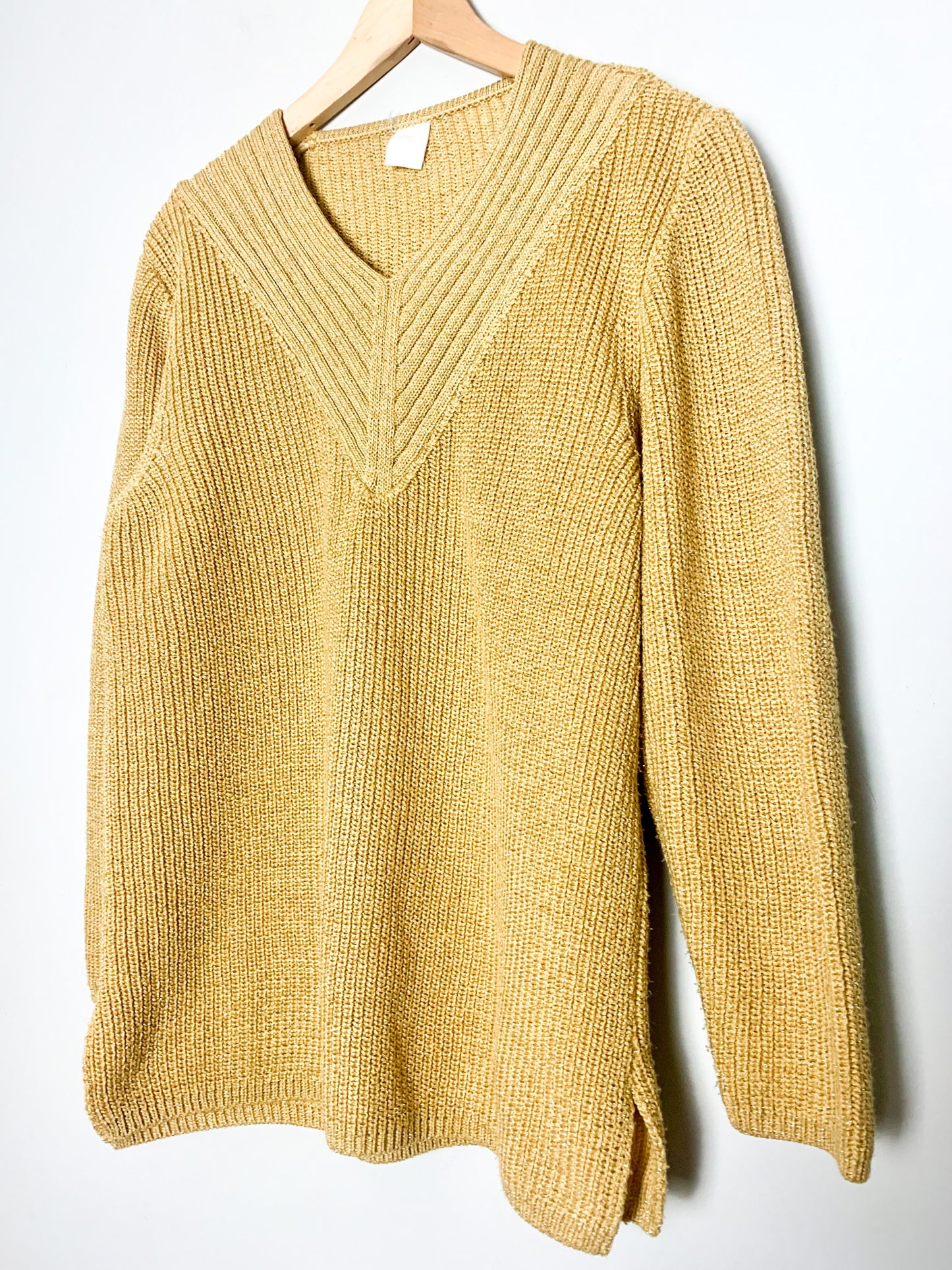 Pull Vintage années 80 90Jaune Moutarde & Doré Lurex - Col V - Coupe Ample T 36/38 (S/M)