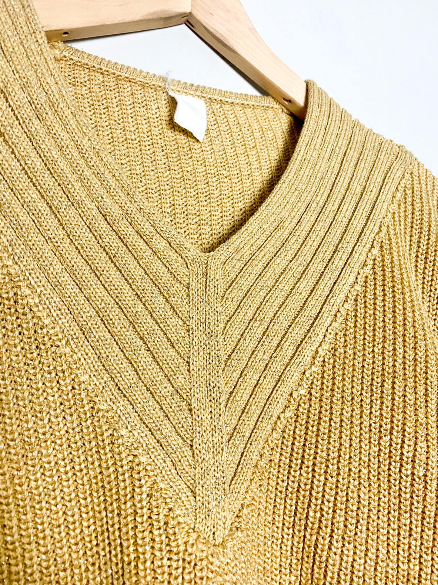 Pull Vintage années 80 90Jaune Moutarde & Doré Lurex - Col V - Coupe Ample T 36/38 (S/M)