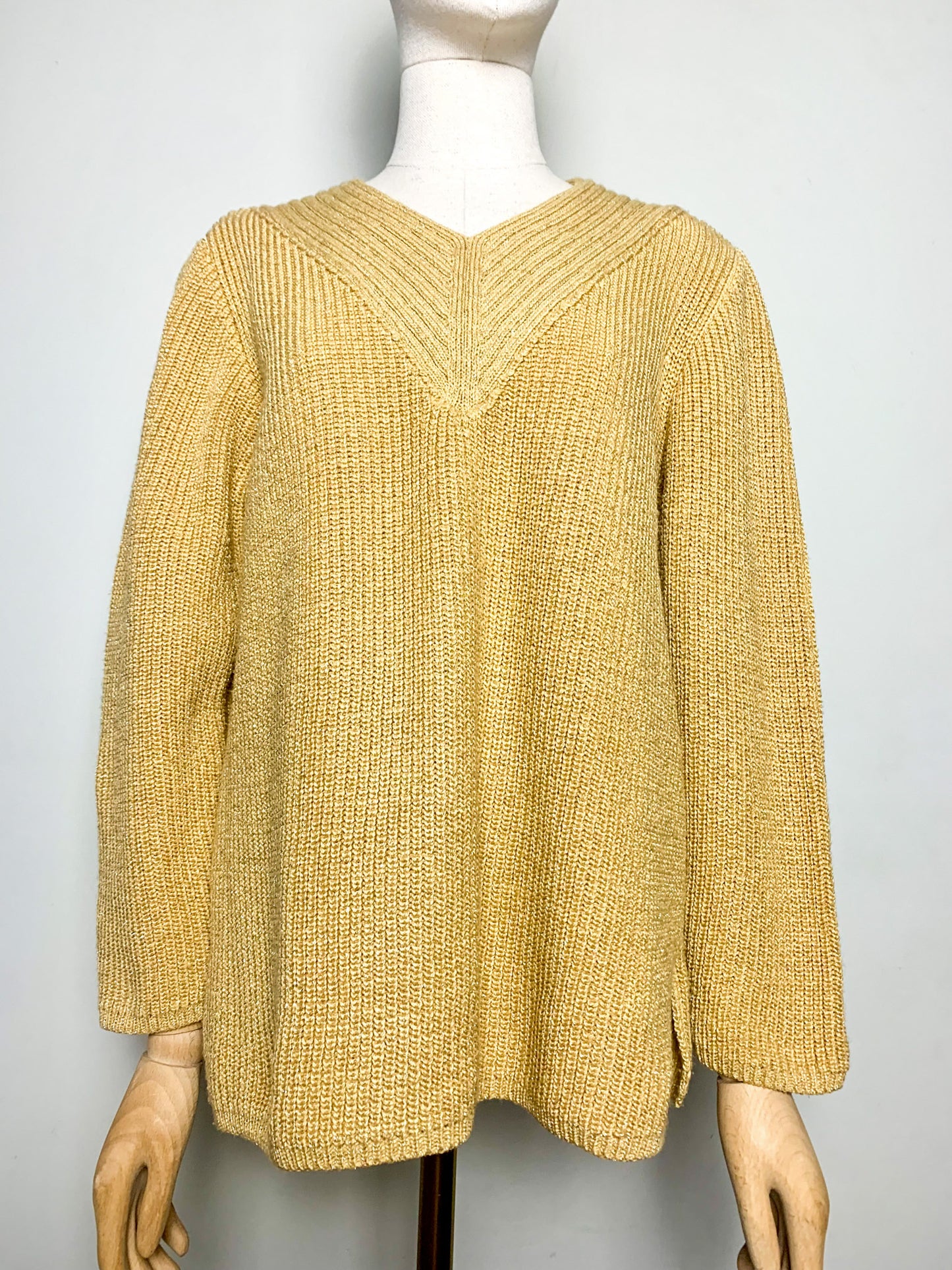 Pull Vintage années 80 90Jaune Moutarde & Doré Lurex - Col V - Coupe Ample T 36/38 (S/M)