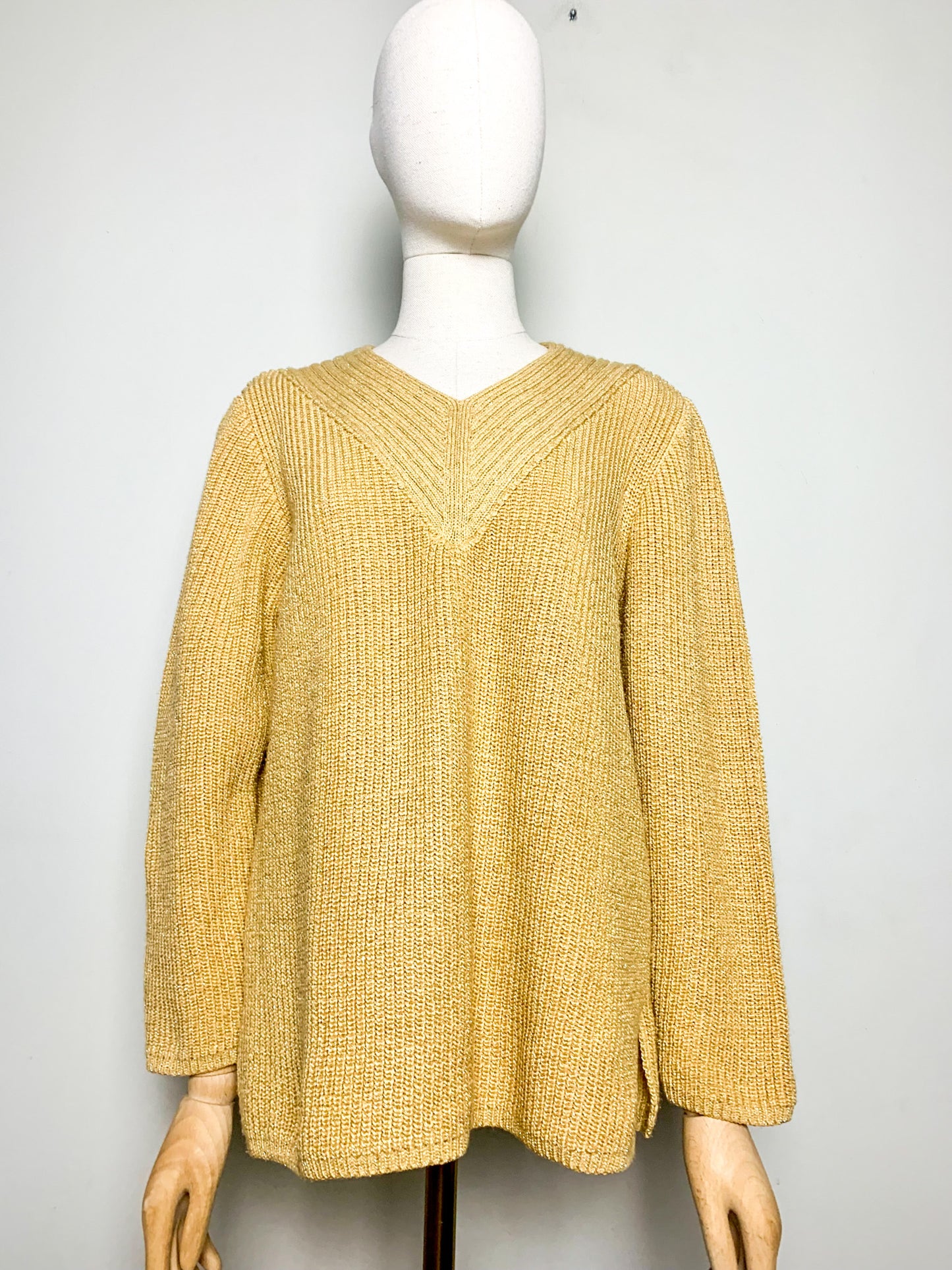 Pull Vintage années 80 90Jaune Moutarde & Doré Lurex - Col V - Coupe Ample T 36/38 (S/M)
