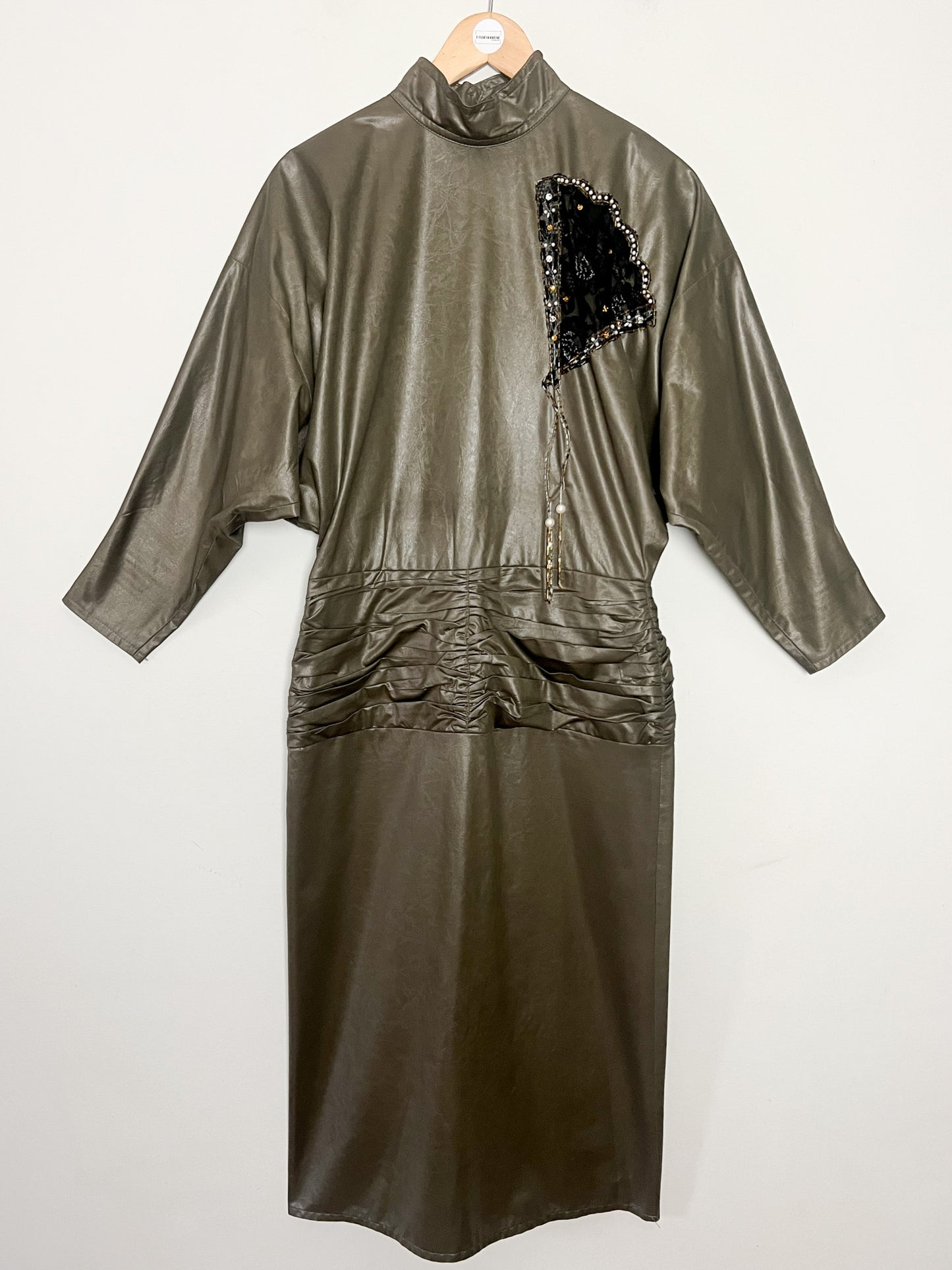 Robe Vintage Kaki Années 80 - Manches Chauve-souris, Broderie Strass - T. 36