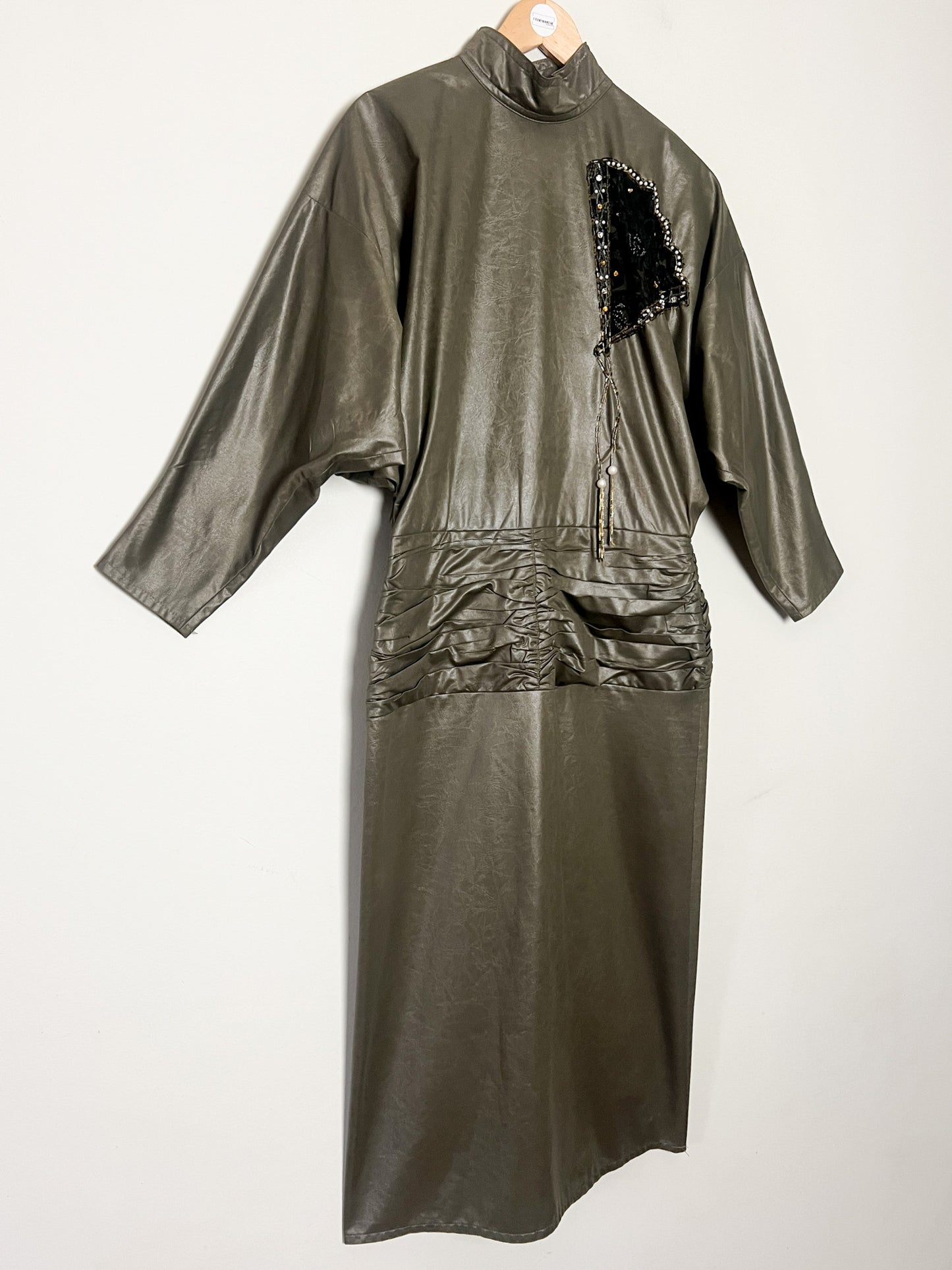 Robe Vintage Kaki Années 80 - Manches Chauve-souris, Broderie Strass - T. 36