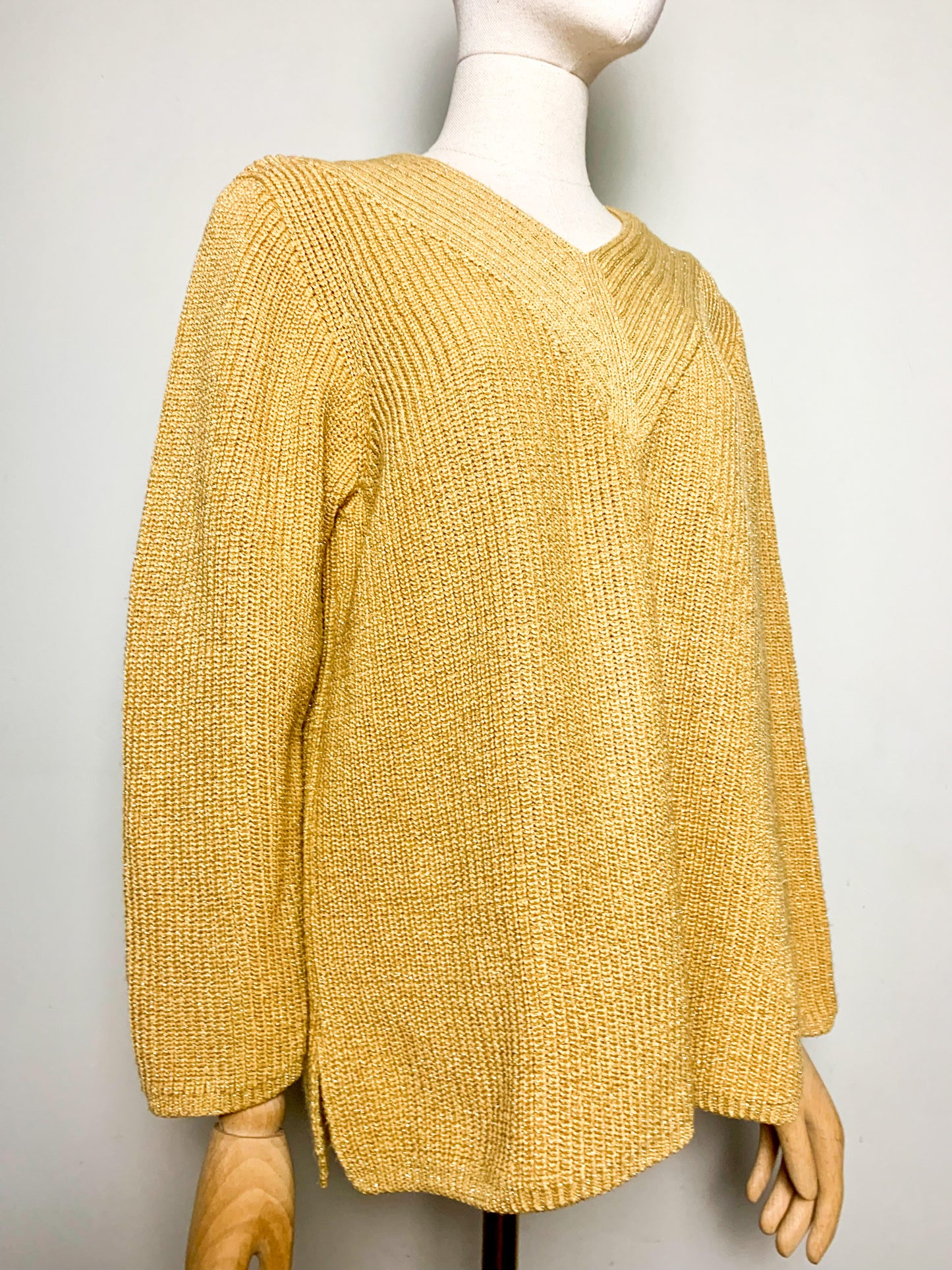 Pull Vintage années 80 90Jaune Moutarde & Doré Lurex - Col V - Coupe Ample T 36/38 (S/M)