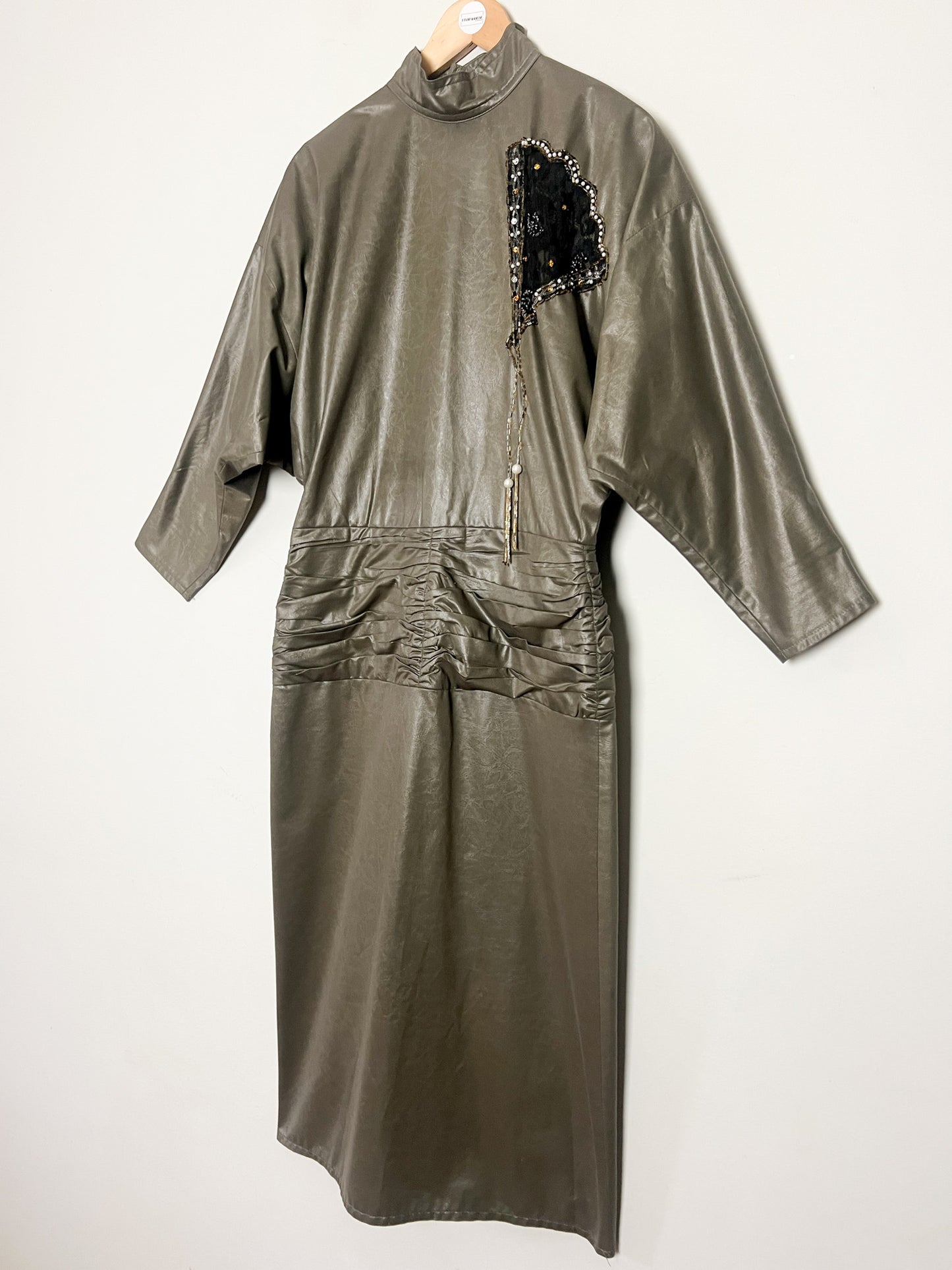 Robe Vintage Kaki Années 80 - Manches Chauve-souris, Broderie Strass - T. 36