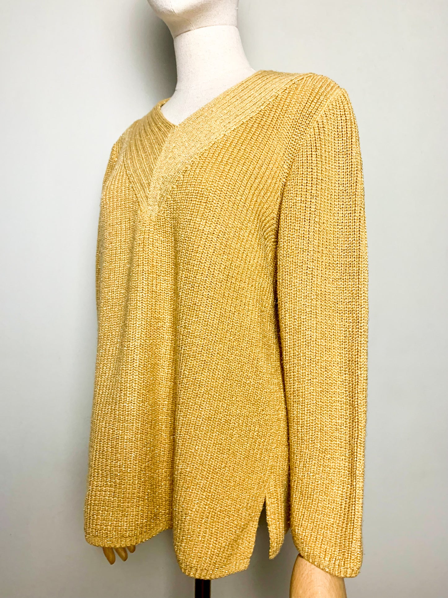 Pull Vintage années 80 90Jaune Moutarde & Doré Lurex - Col V - Coupe Ample T 36/38 (S/M)