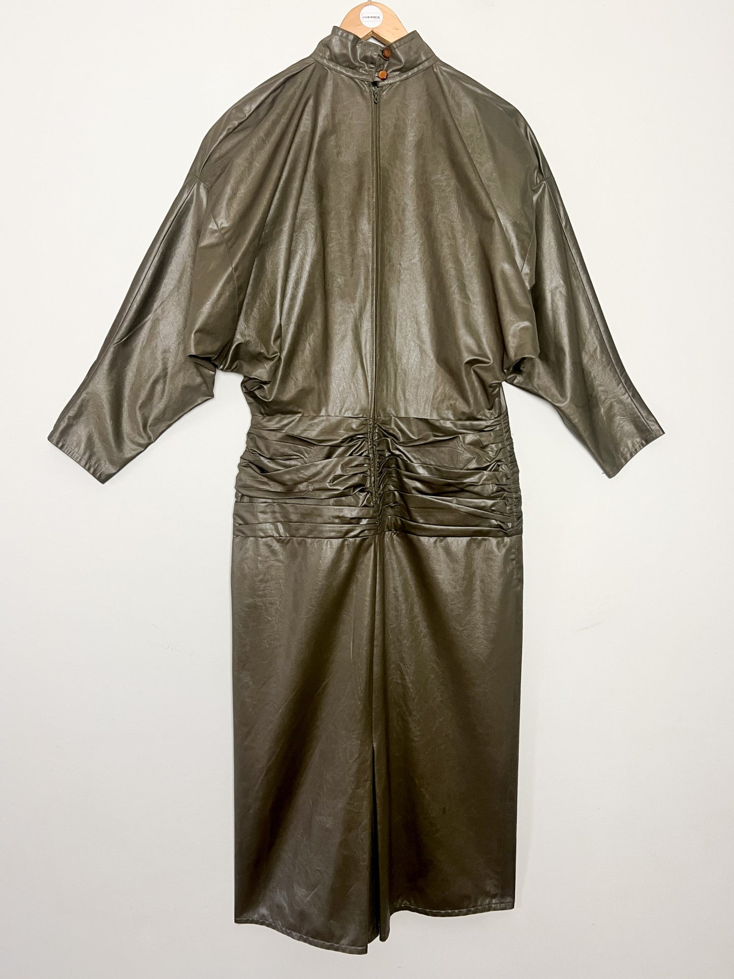 Robe Vintage Kaki Années 80 - Manches Chauve-souris, Broderie Strass - T. 36