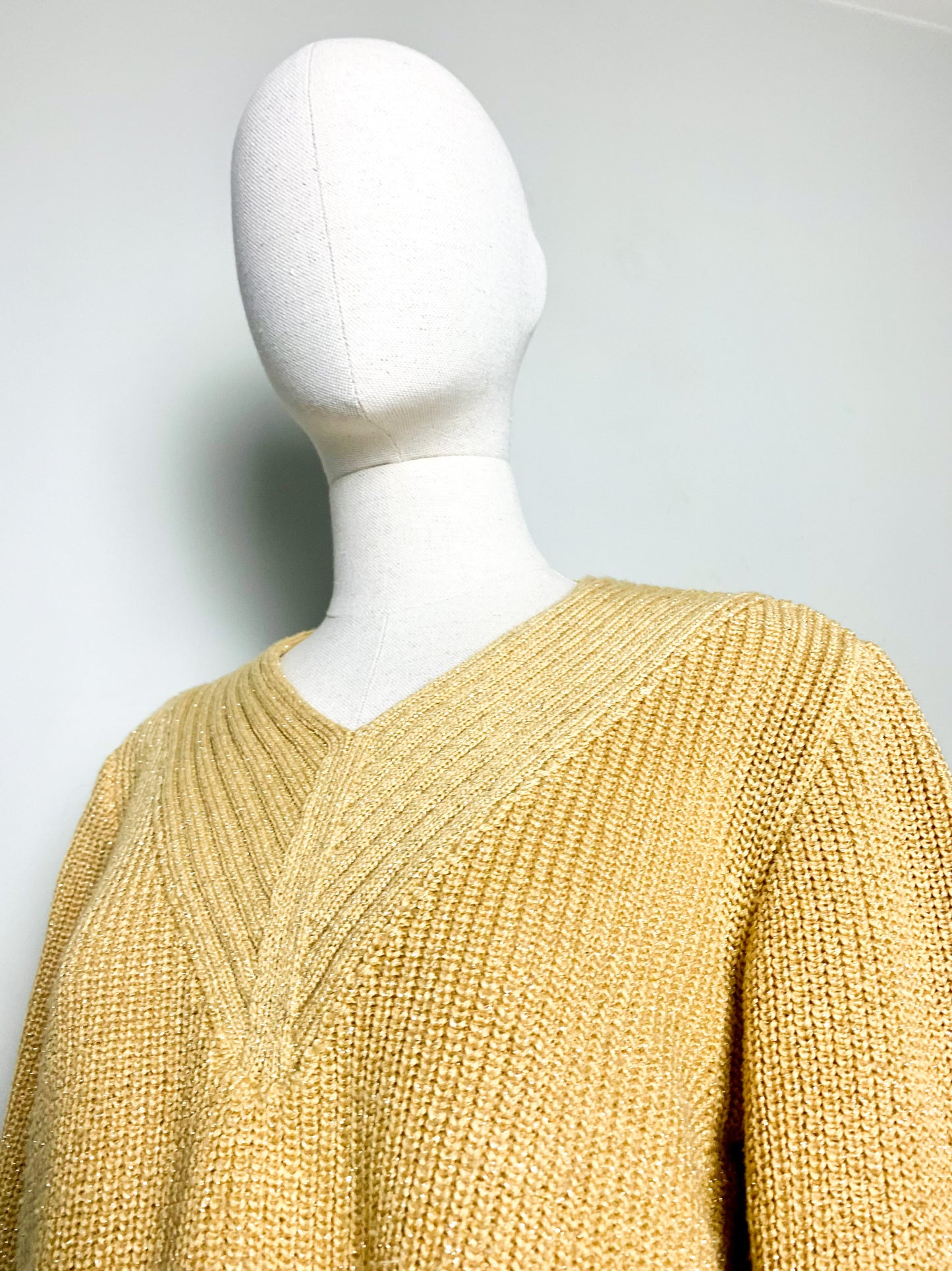 Pull Vintage années 80 90Jaune Moutarde & Doré Lurex - Col V - Coupe Ample T 36/38 (S/M)
