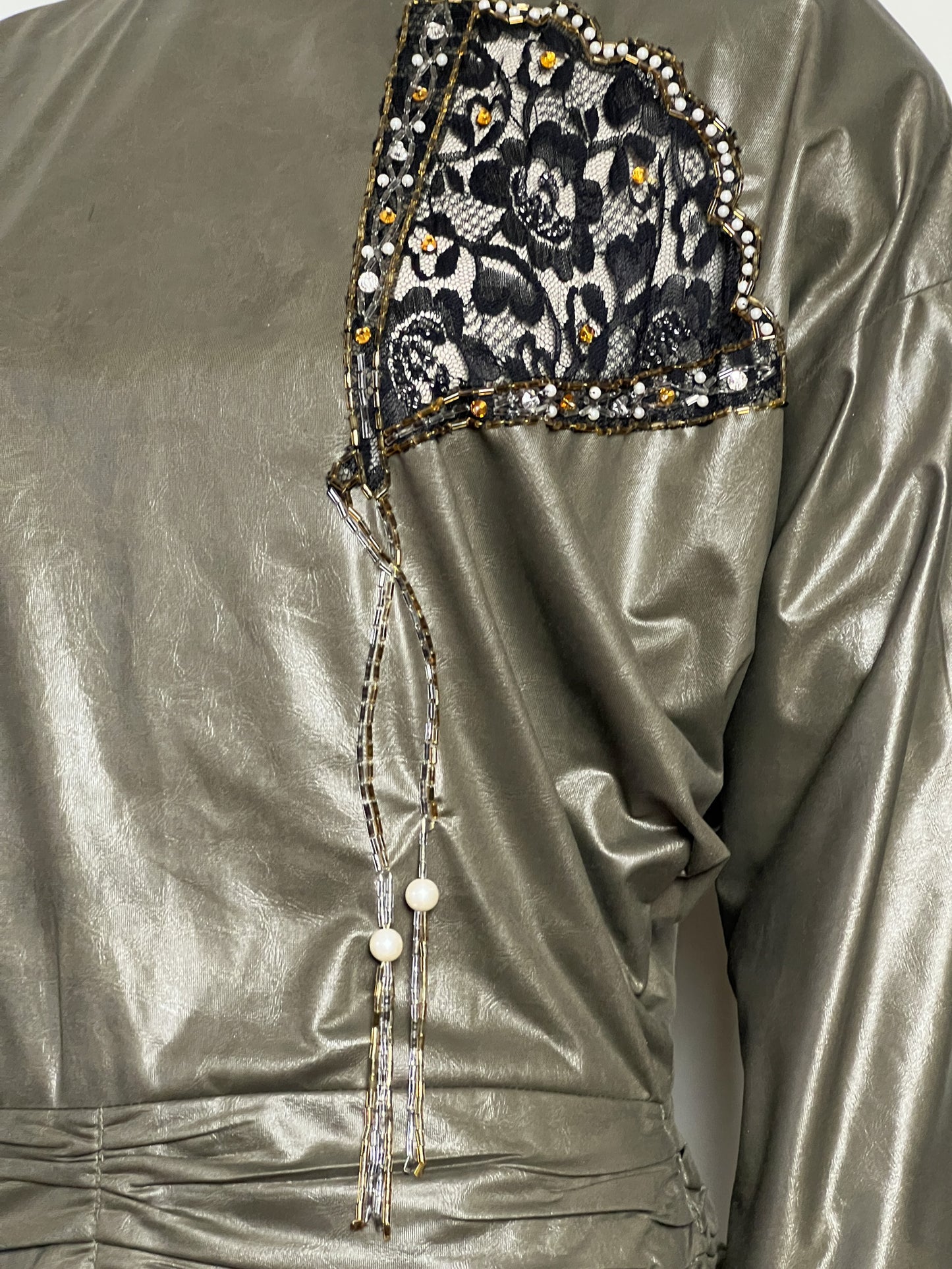 Robe Vintage Kaki Années 80 - Manches Chauve-souris, Broderie Strass - T. 36