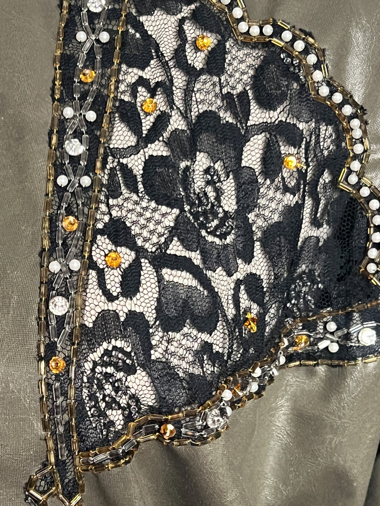 Robe Vintage Kaki Années 80 - Manches Chauve-souris, Broderie Strass - T. 36