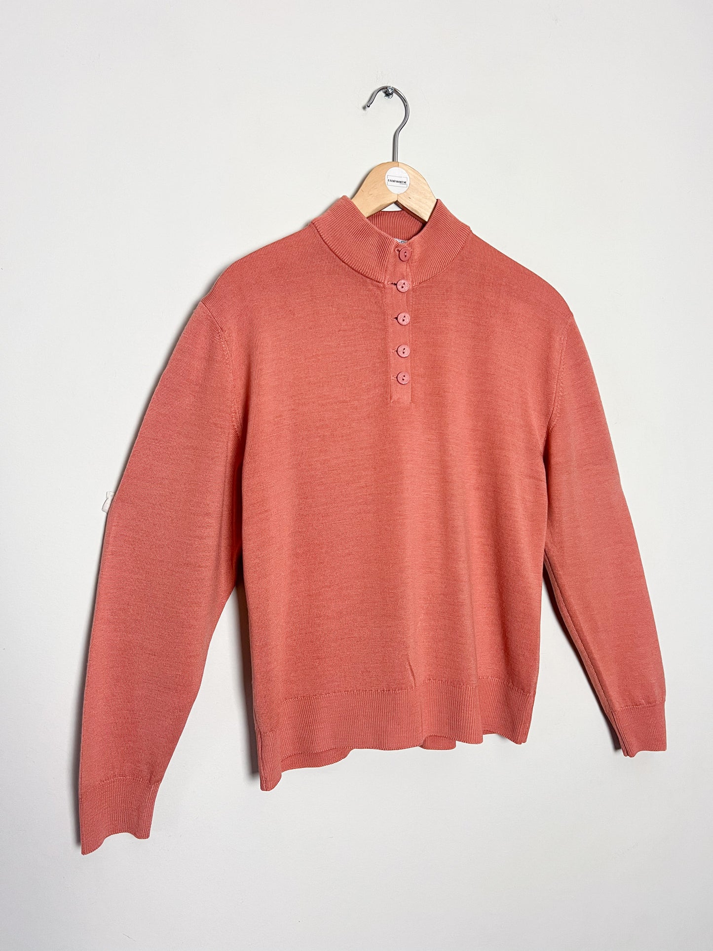 Pull Vintage Années 90 – Beige Rosé – Col Chemisé Boutonné – Laine & Acrylique – Montagut -Taille 38/40
