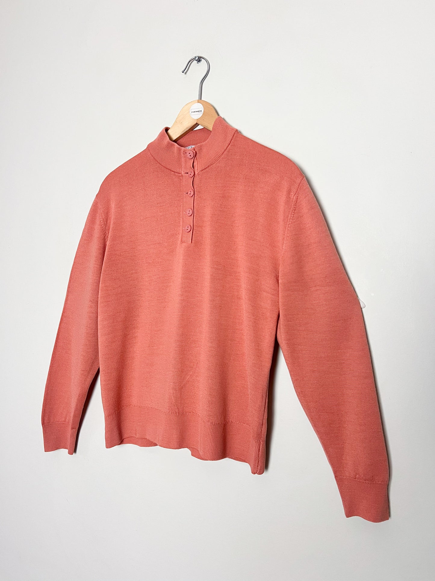 Pull Vintage Années 90 – Beige Rosé – Col Chemisé Boutonné – Laine & Acrylique – Montagut -Taille 38/40