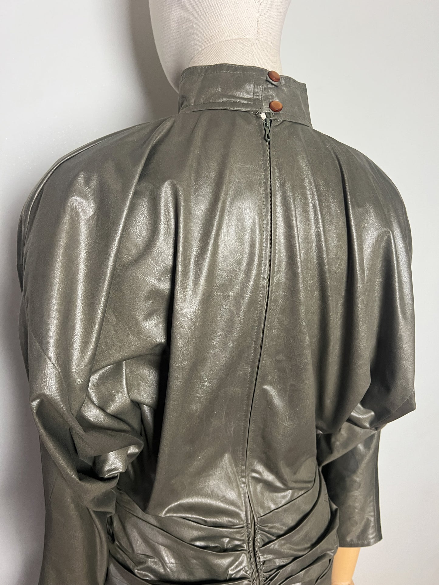 Robe Vintage Kaki Années 80 - Manches Chauve-souris, Broderie Strass - T. 36