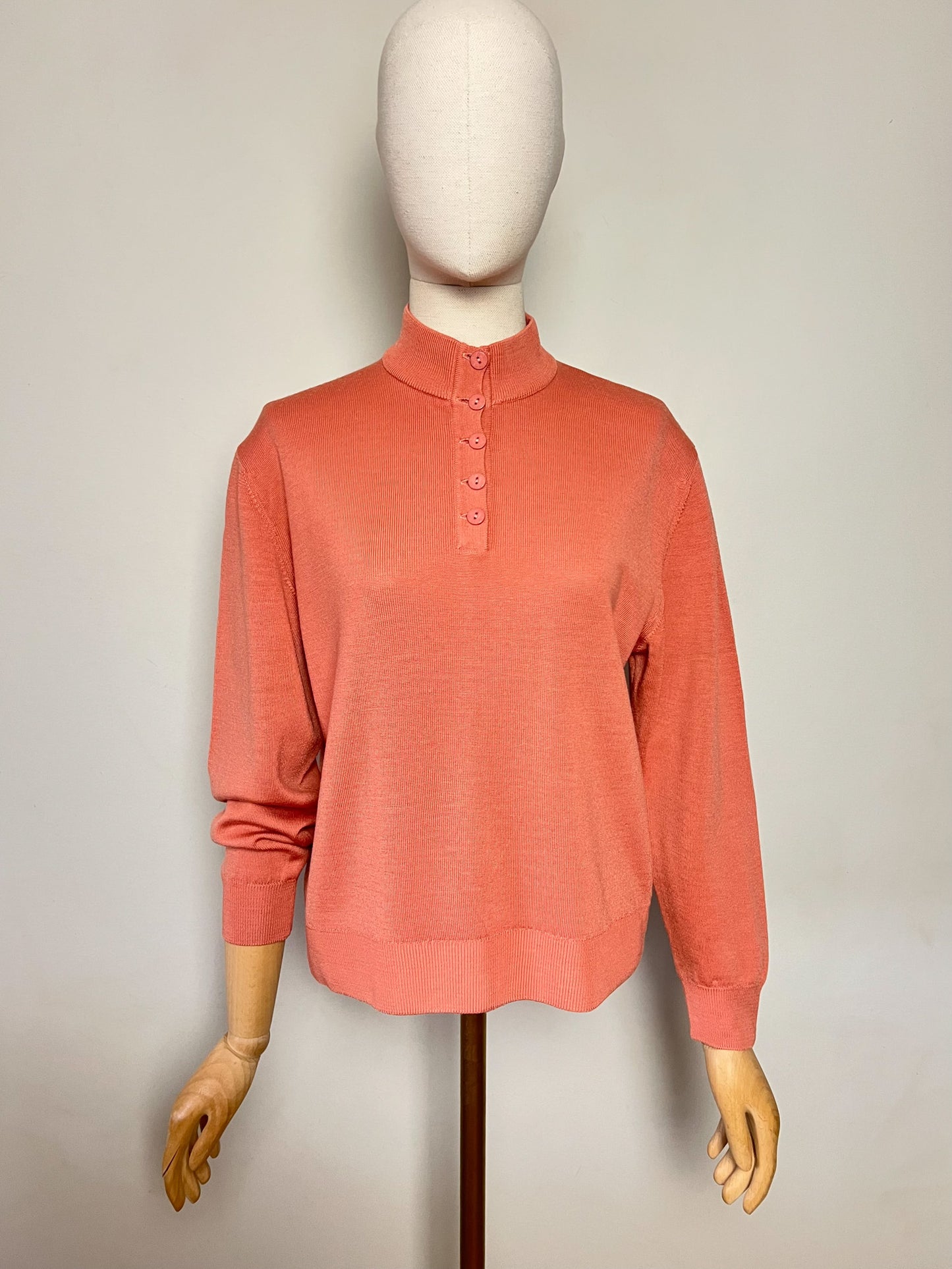 Pull Vintage Années 90 – Beige Rosé – Col Chemisé Boutonné – Laine & Acrylique – Montagut -Taille 38/40