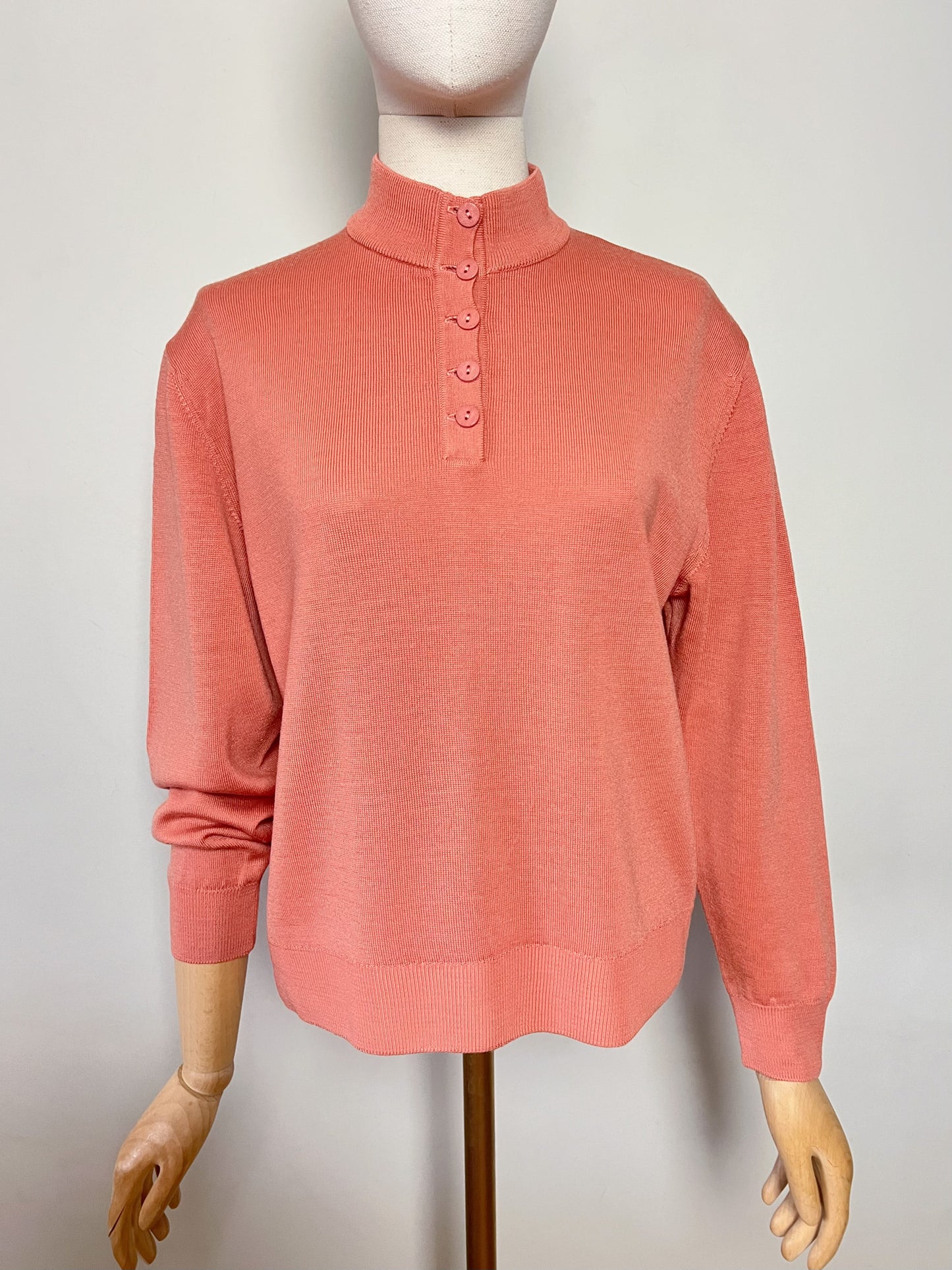 Pull Vintage Années 90 – Beige Rosé – Col Chemisé Boutonné – Laine & Acrylique – Montagut -Taille 38/40