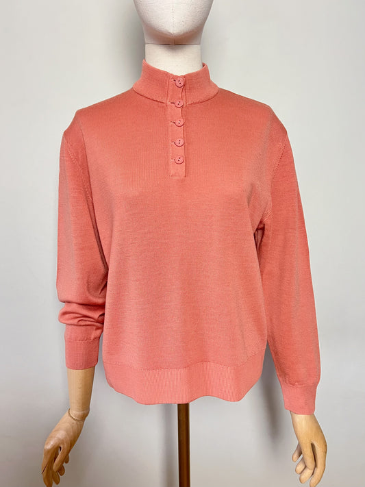 Pull Vintage Années 90 – Beige Rosé – Col Chemisé Boutonné – Laine & Acrylique – Montagut -Taille 38/40