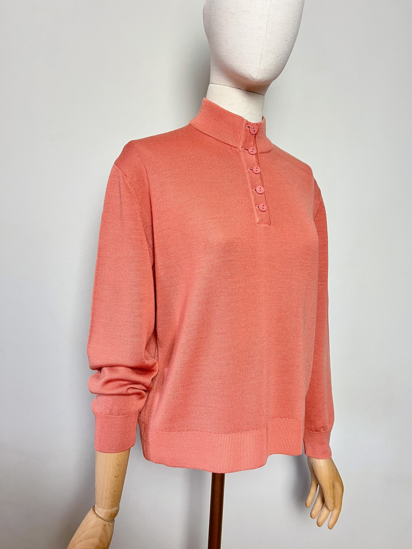 Pull Vintage Années 90 – Beige Rosé – Col Chemisé Boutonné – Laine & Acrylique – Montagut -Taille 38/40